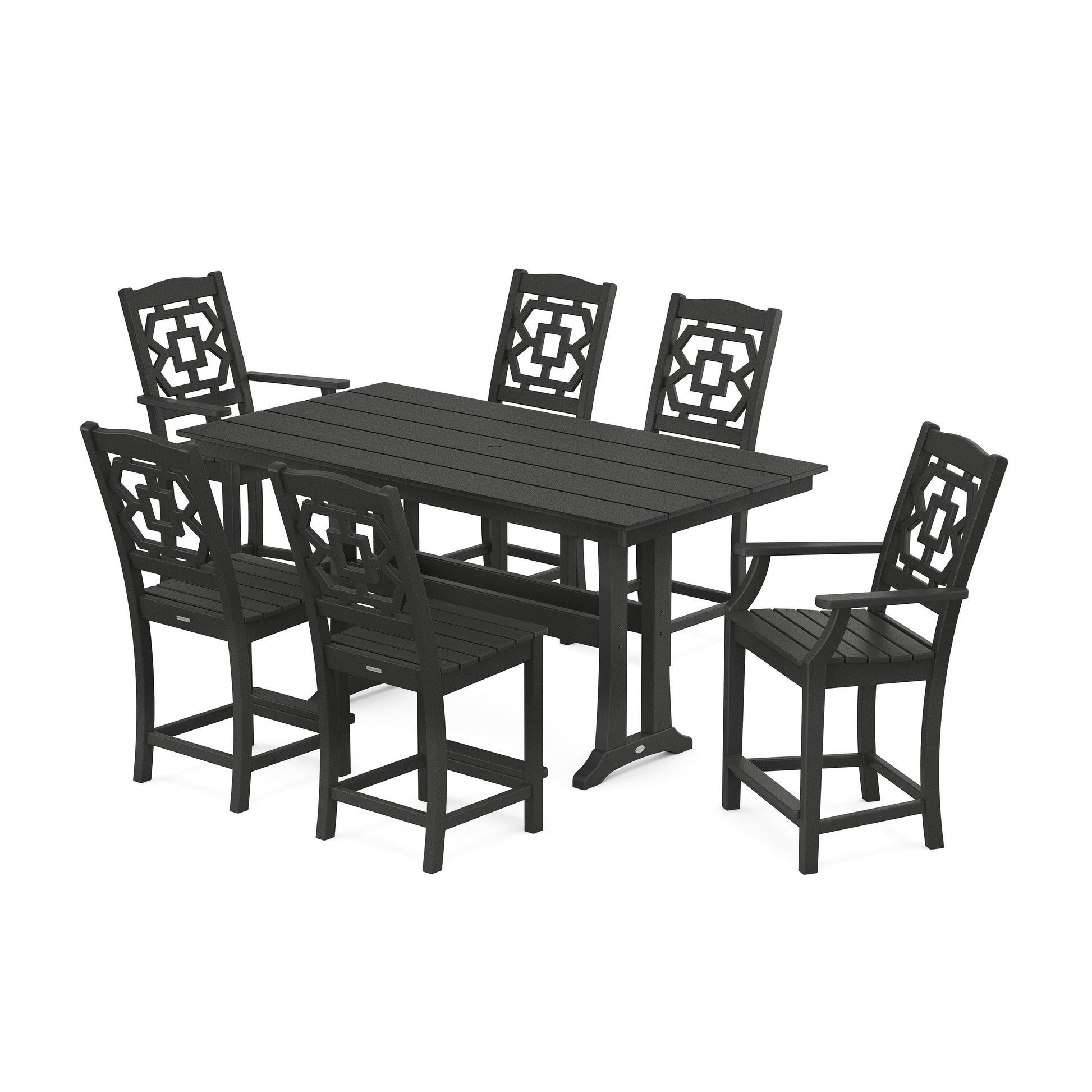 POLYWOOD Chinoiserie 7-Piece Farmhouse Counter Set with Trestle Legs — Black