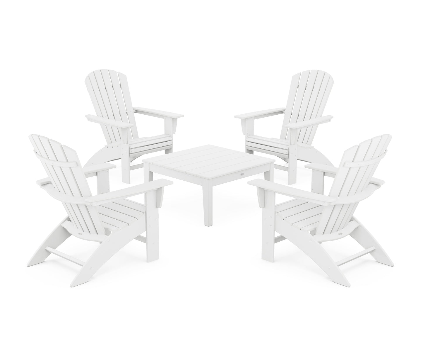 POLYWOOD 5-Piece Nautical Curveback Adirondack Chair Conversation Set with 36" Conversation Table — White
