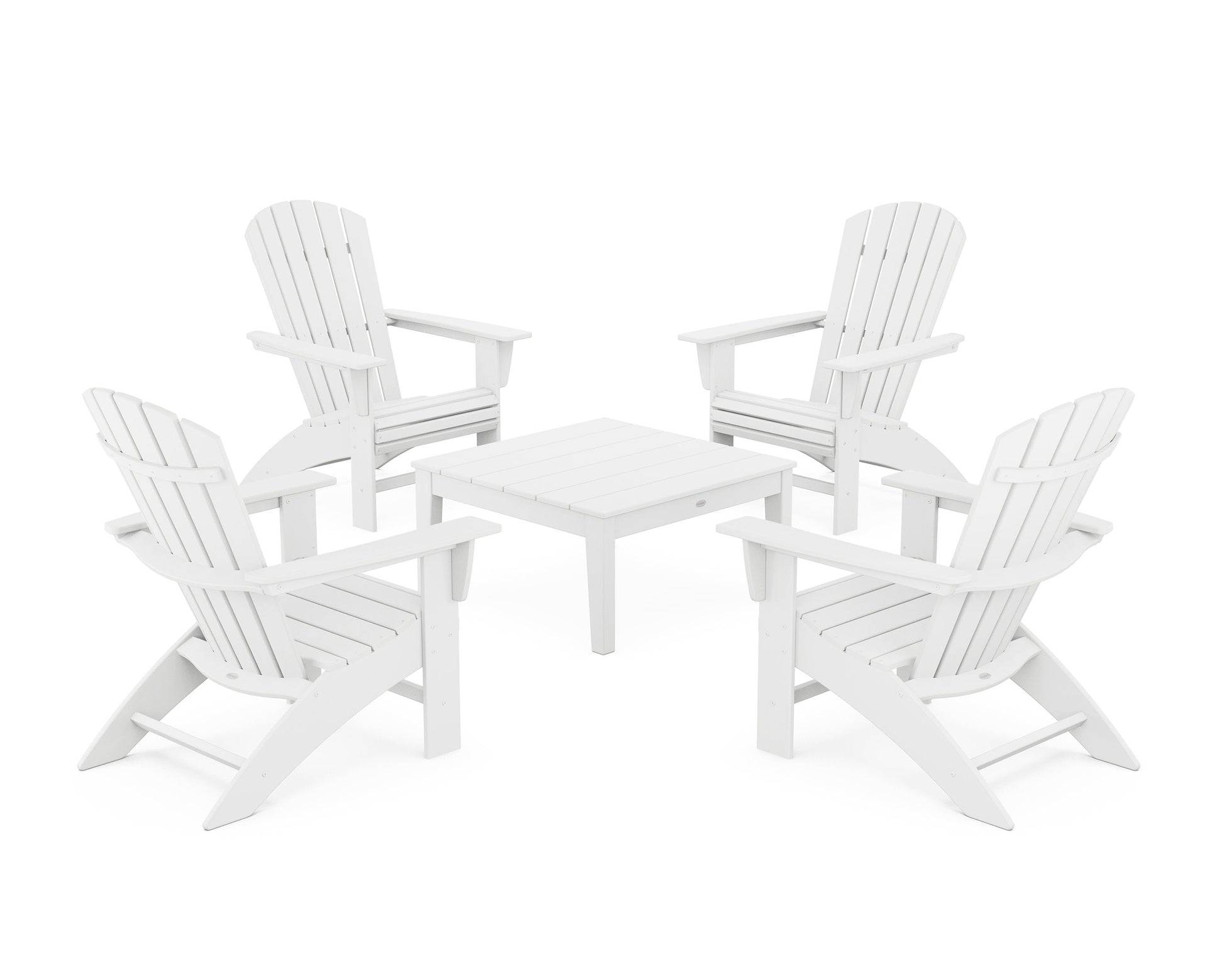 POLYWOOD 5-Piece Nautical Curveback Adirondack Chair Conversation Set with 36" Conversation Table — White