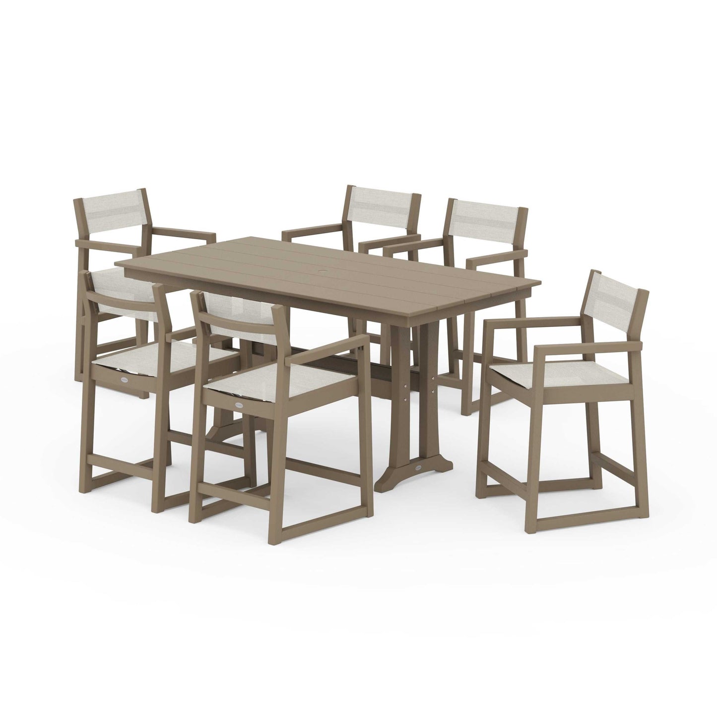 POLYWOOD EDGE Sling Arm Chair 7-Piece Farmhouse Counter Set with Trestle Legs — Vintage Sahara / Parchment Sling