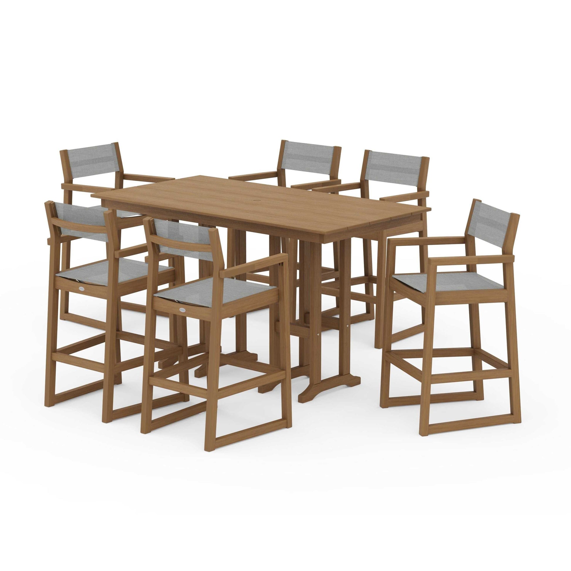 POLYWOOD EDGE Sling Arm Chair 7-Piece Farmhouse Bar Set — Natural / Metallic Sling