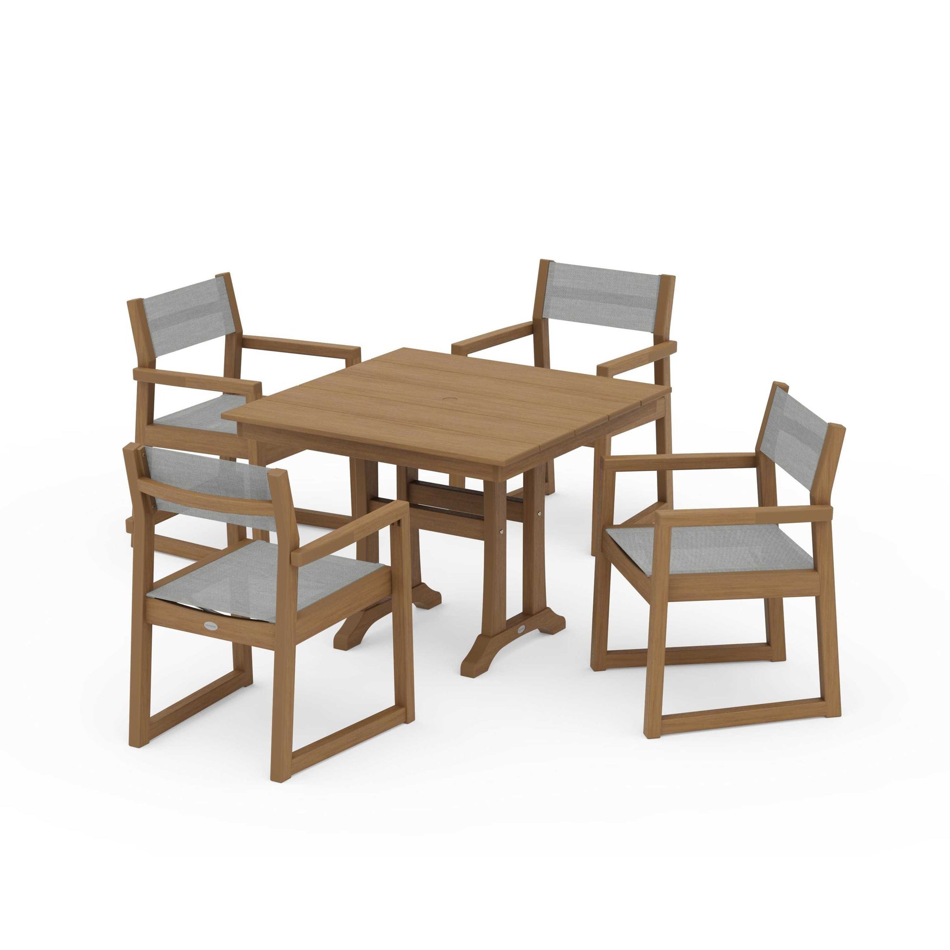 POLYWOOD EDGE Sling 5-Piece Farmhouse Dining Set with Trestle Legs — Natural / Metallic Sling