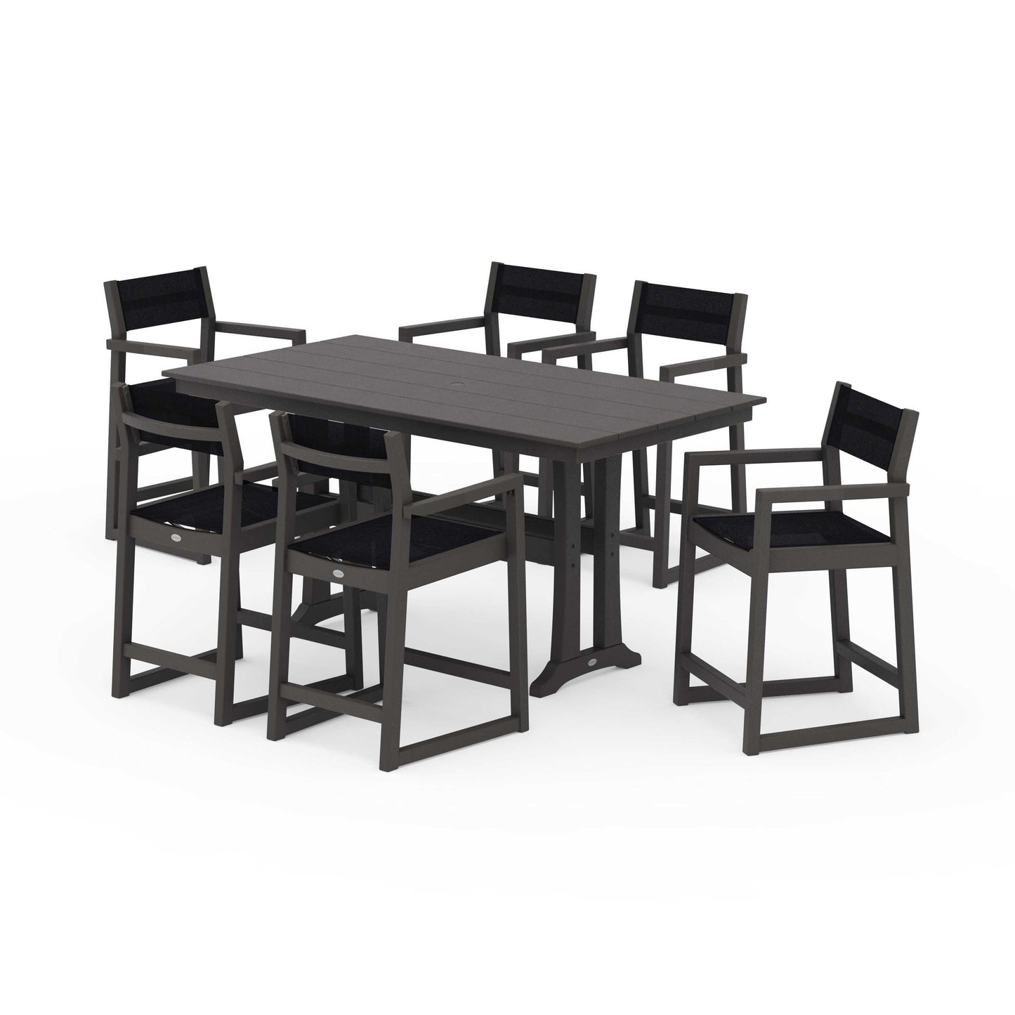 POLYWOOD EDGE Sling Arm Chair 7-Piece Farmhouse Counter Set with Trestle Legs — Vintage Coffee / Black Sling