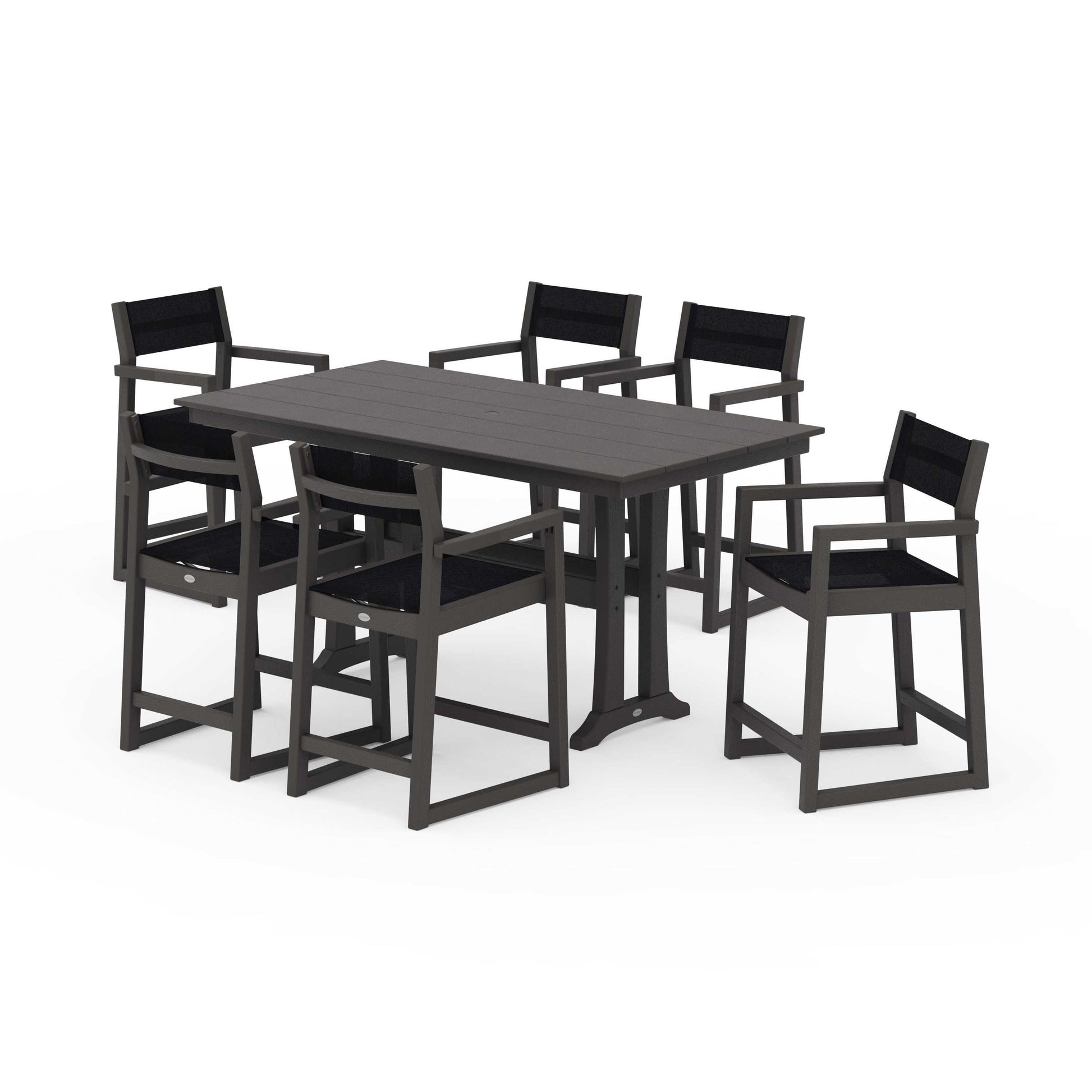 POLYWOOD EDGE Sling Arm Chair 7-Piece Farmhouse Counter Set with Trestle Legs — Vintage Coffee / Black Sling