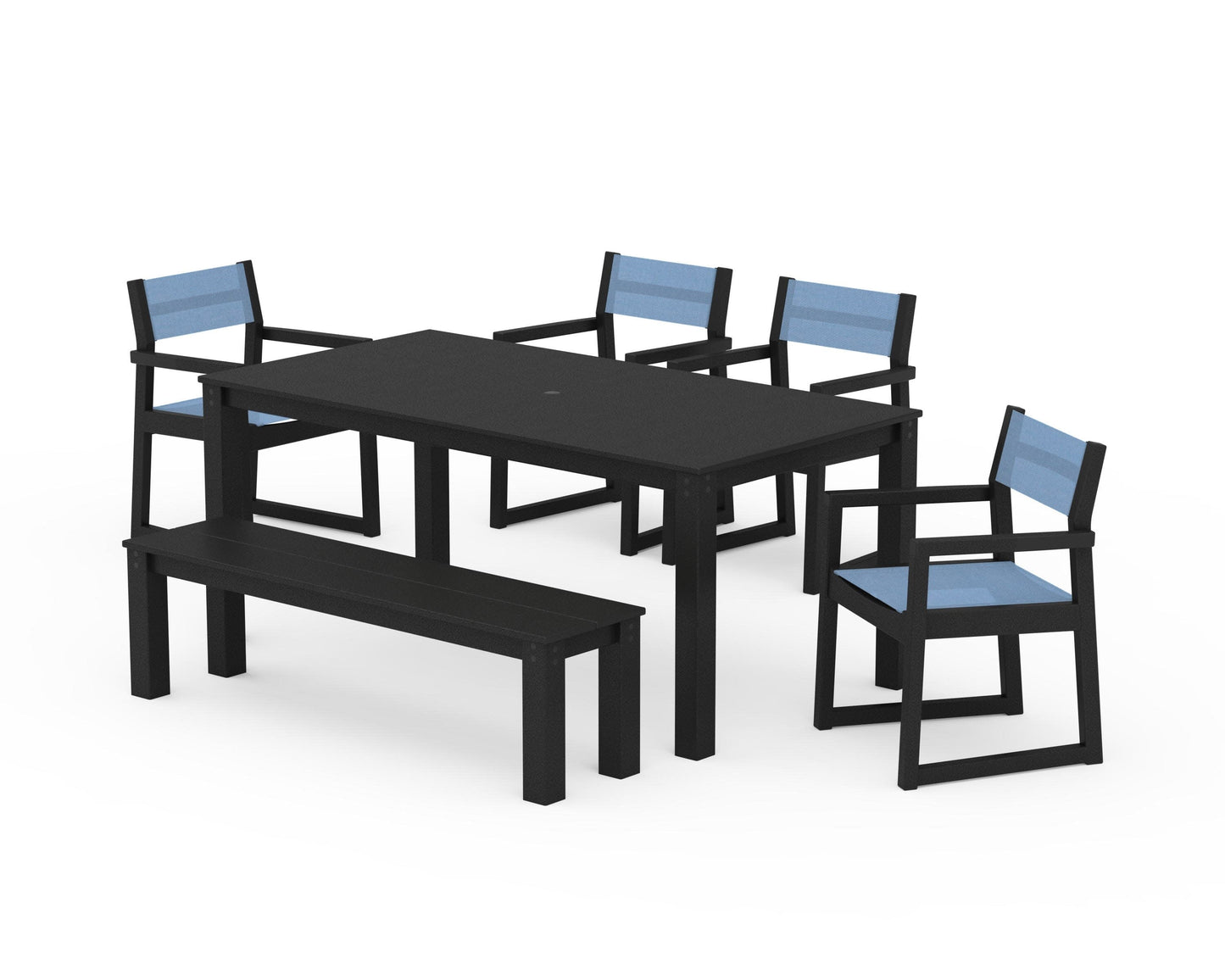 POLYWOOD EDGE Sling Arm Chair 6-Piece Parsons Dining Set with Bench — Black / Poolside Sling
