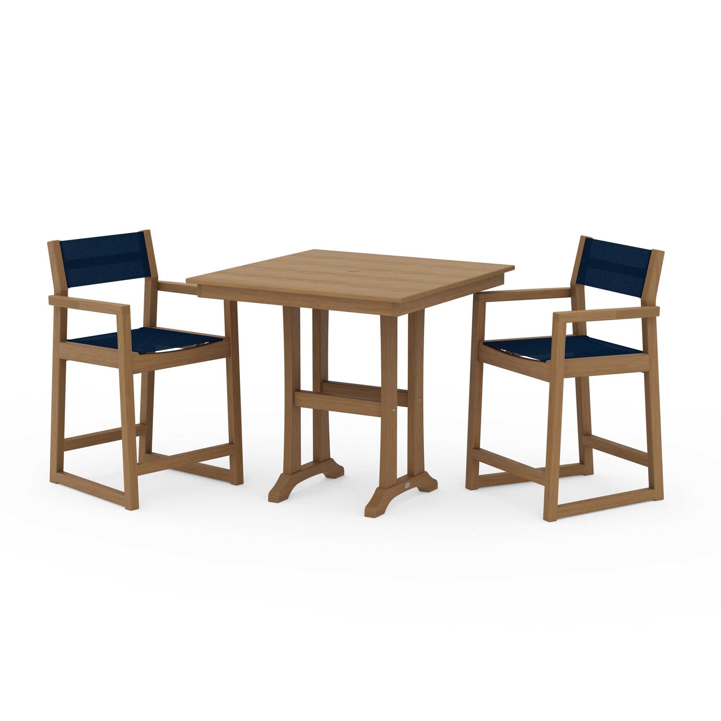 POLYWOOD EDGE Sling Arm Chair 3-Piece Farmhouse Counter Set with Trestle Legs — Natural / Navy Blue Sling