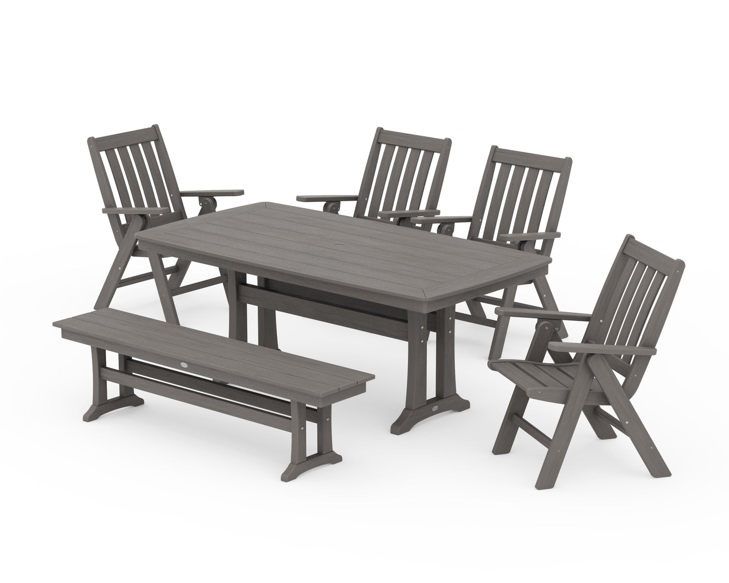 POLYWOOD Vineyard Folding Chair 6-Piece Dining Set with Trestle Legs and Bench — Driftwood