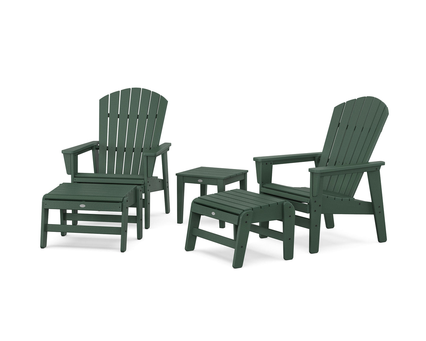 POLYWOOD 5-Piece Nautical Grand Upright Adirondack Set with Ottomans and Side Table — Green