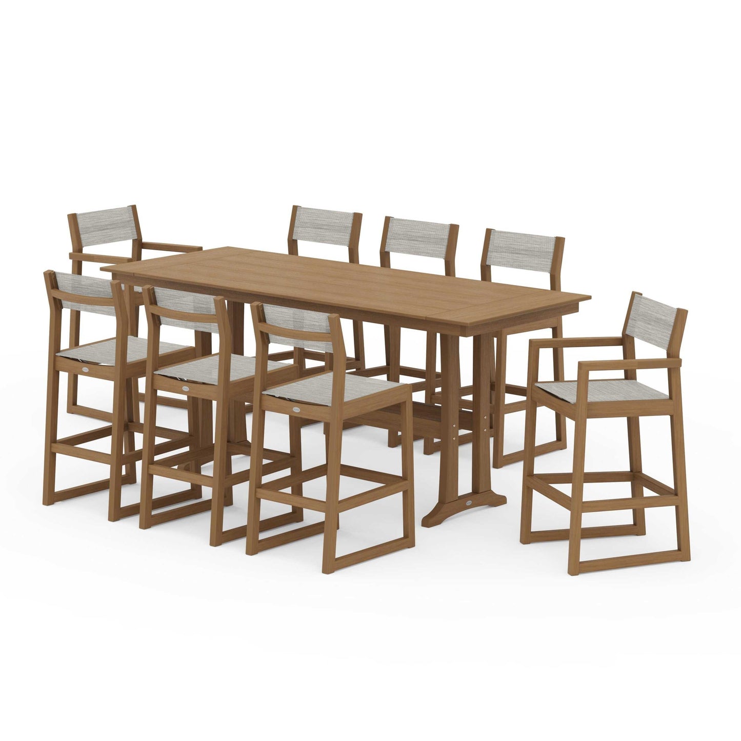 POLYWOOD EDGE Sling 9-Piece Farmhouse Bar Set with Trestle Legs — Natural / Birch Sling