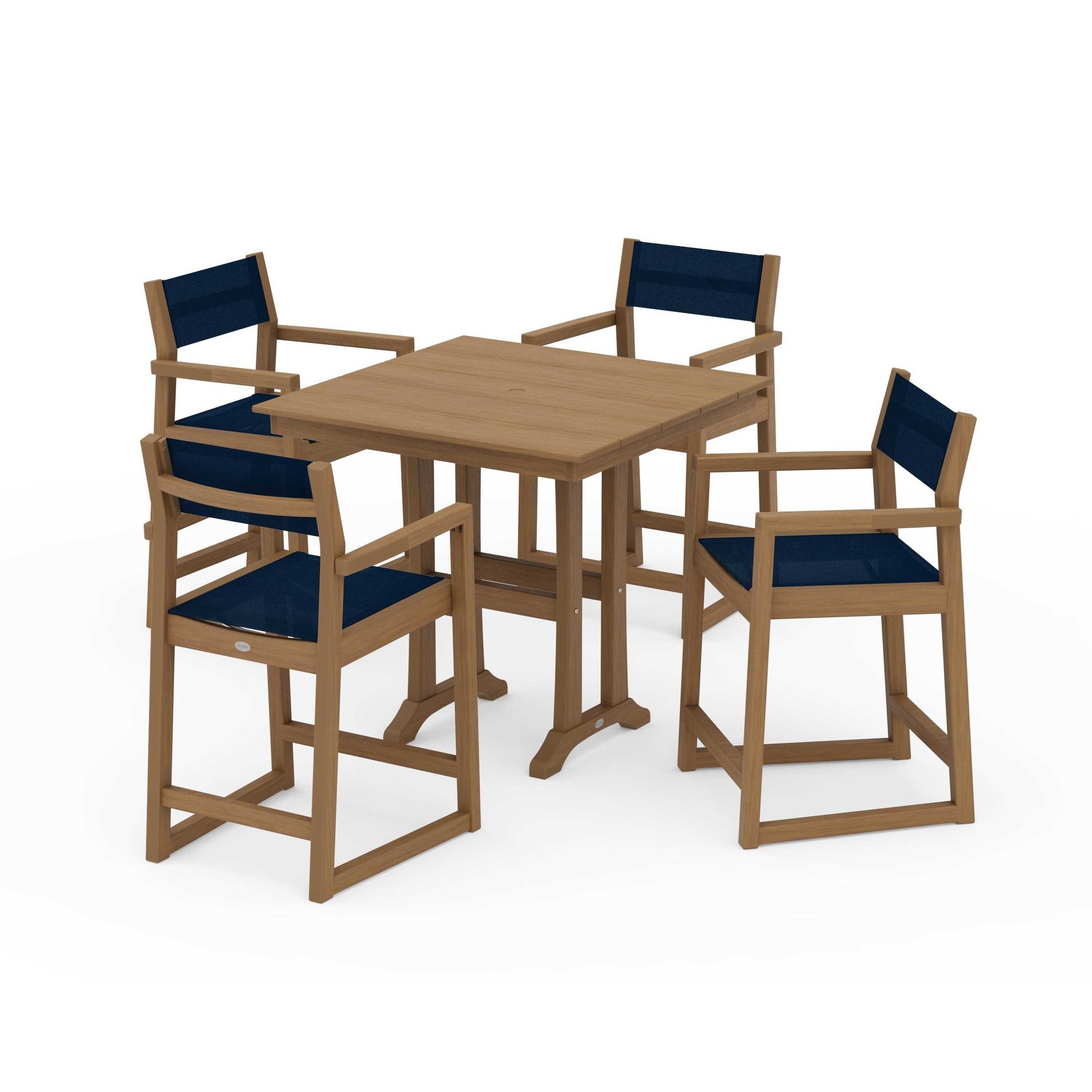 POLYWOOD EDGE Sling Arm Chair 5-Piece Farmhouse Counter Set with Trestle Legs — Natural / Navy Blue Sling