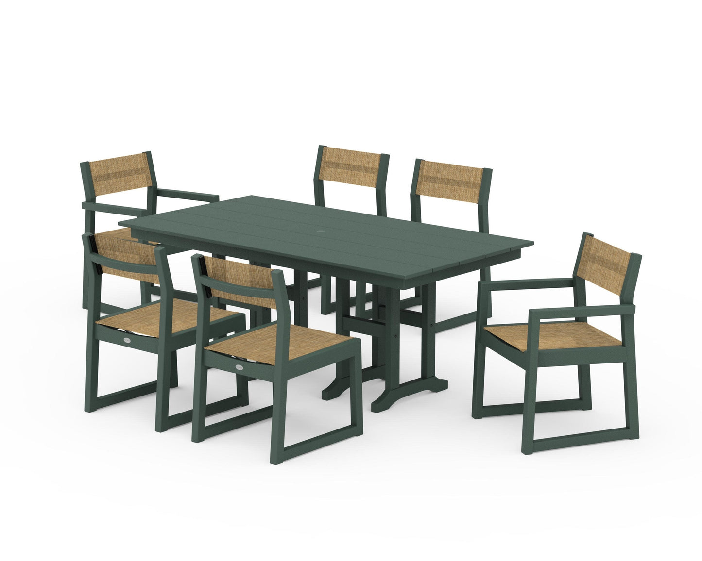 POLYWOOD EDGE Sling 7-Piece Farmhouse Dining Set — Green / Burlap Sling