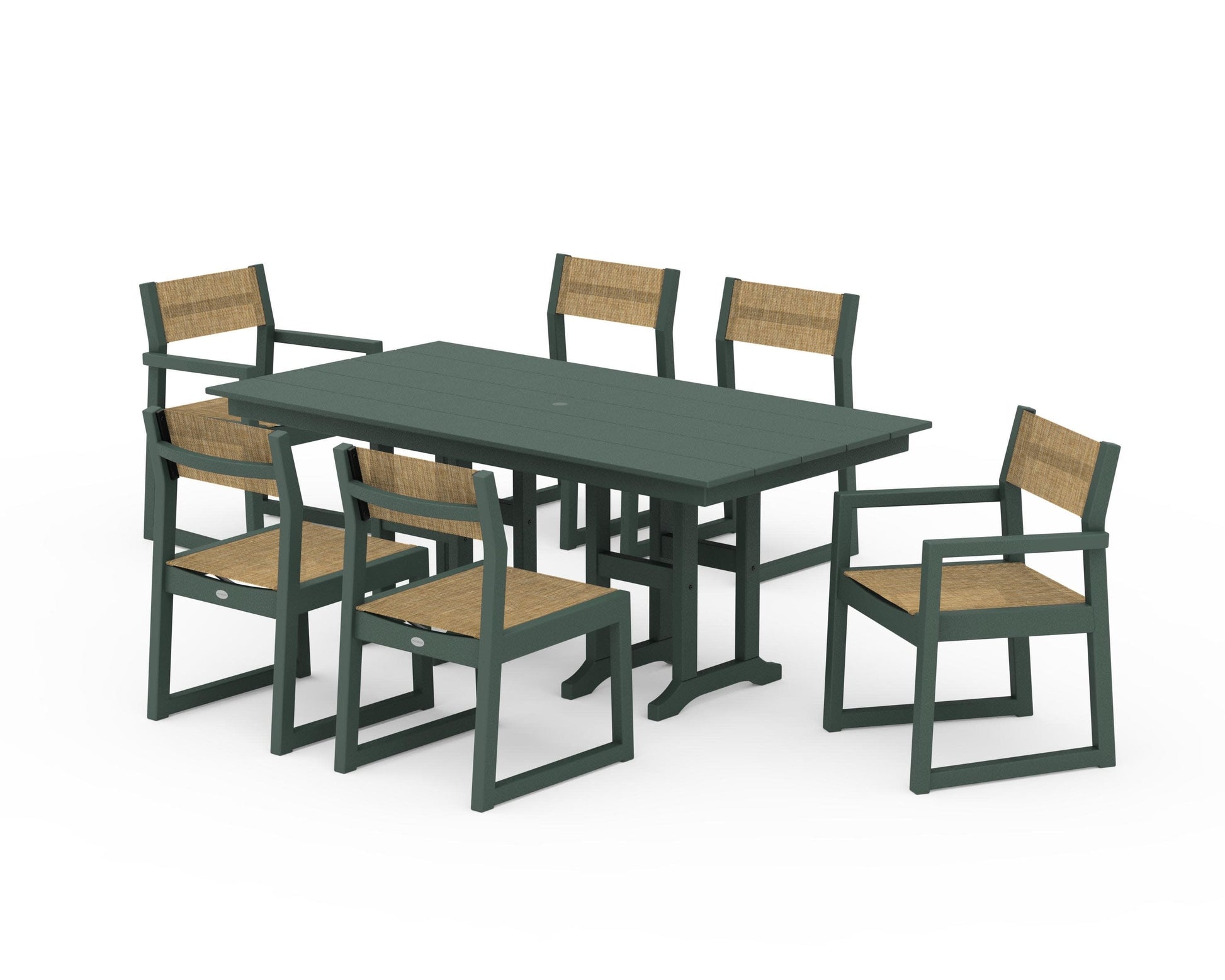 POLYWOOD EDGE Sling 7-Piece Farmhouse Dining Set — Green / Burlap Sling