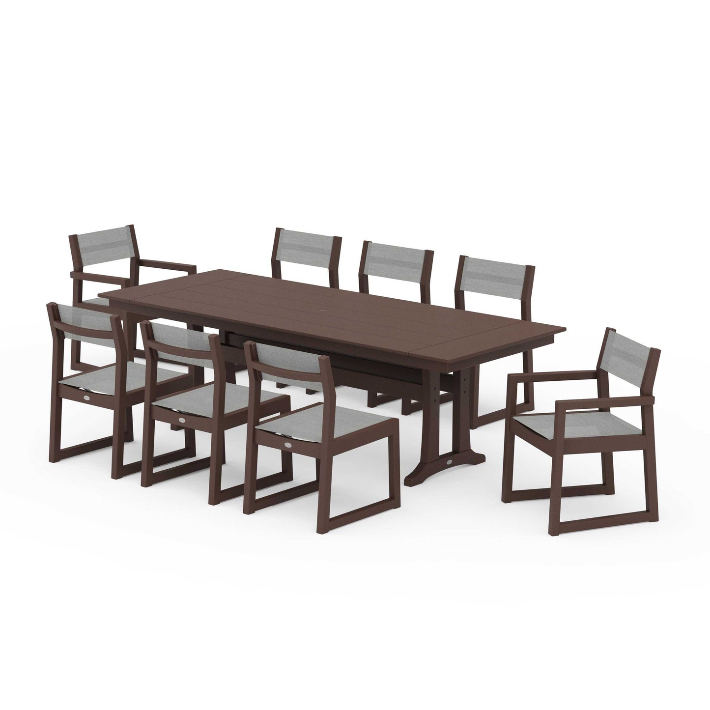 POLYWOOD EDGE Sling 9-Piece Farmhouse Trestle Dining Set — Mahogany / Metallic Sling