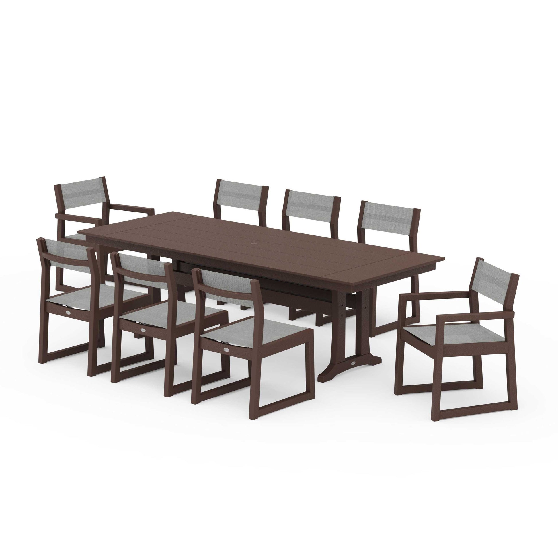 POLYWOOD EDGE Sling 9-Piece Farmhouse Trestle Dining Set — Mahogany / Metallic Sling