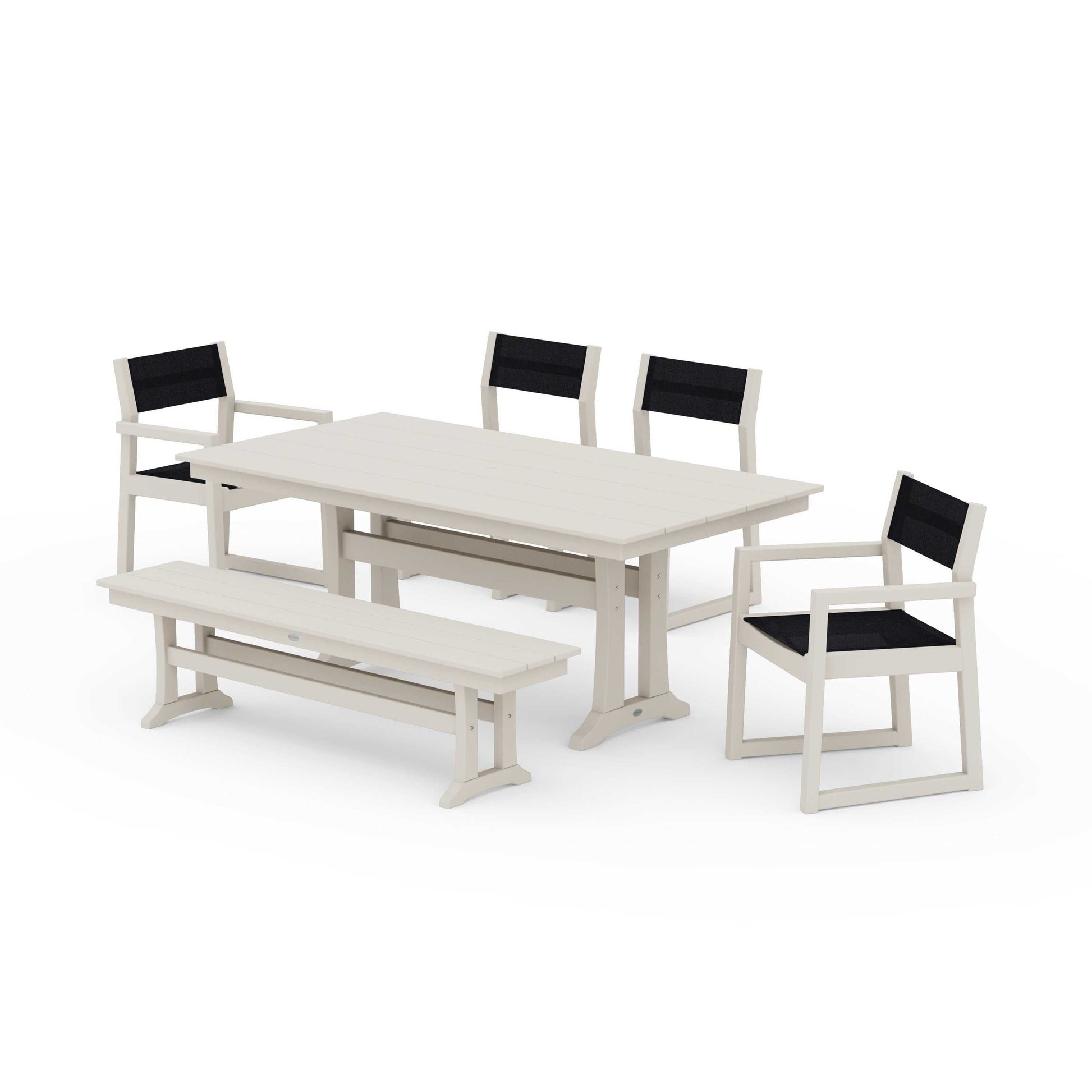 POLYWOOD EDGE Sling 6-Piece Farmhouse Dining Set With Trestle Legs — Sand / Black Sling