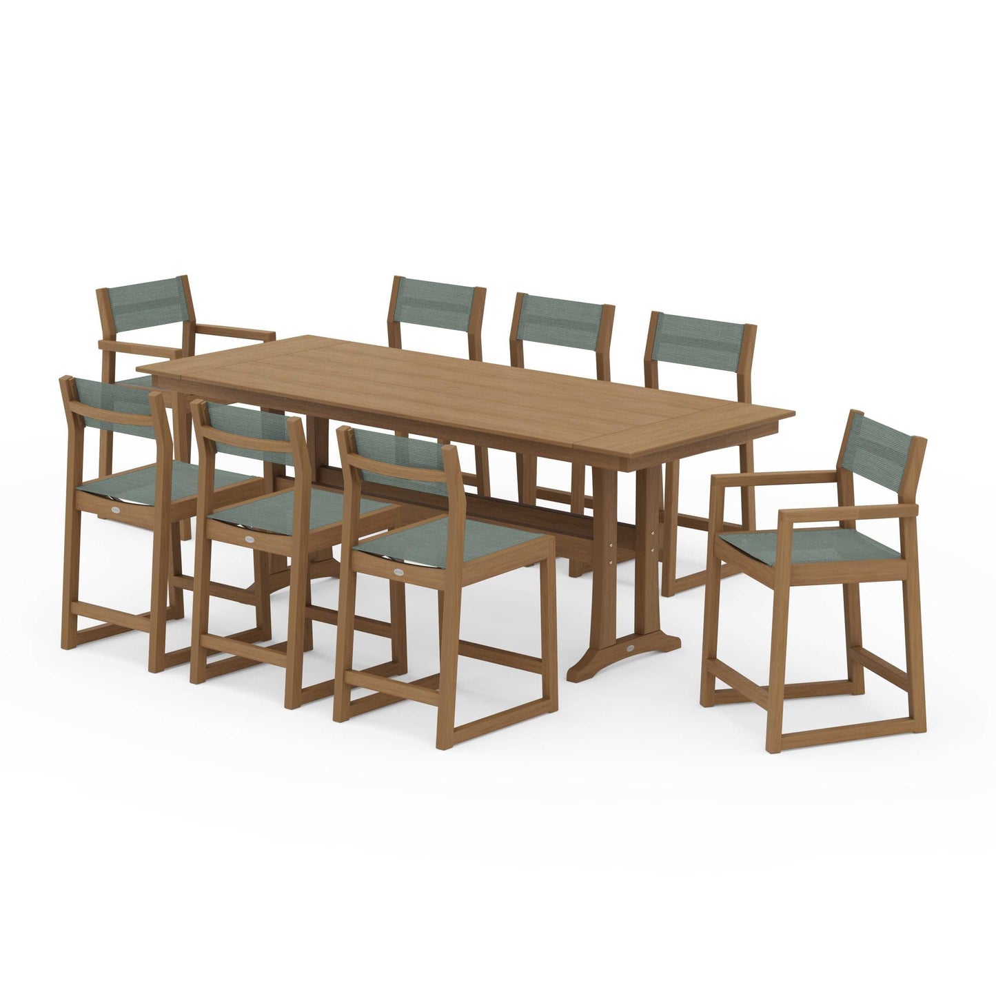 POLYWOOD EDGE Sling 9-Piece Farmhouse Counter Set with Trestle Legs — Natural / Dupioni Sea Mist Sling