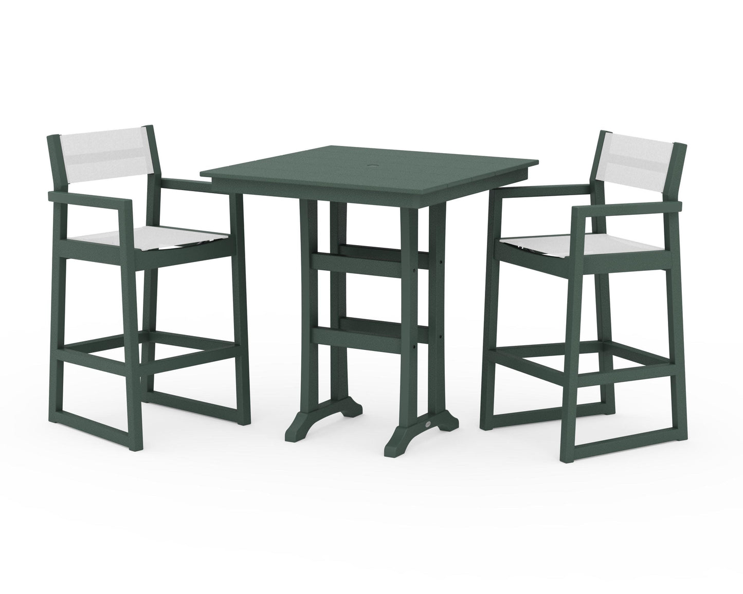 POLYWOOD EDGE Sling Arm Chair 3-Piece Farmhouse Bar Set with Trestle Legs — Green / White Sling