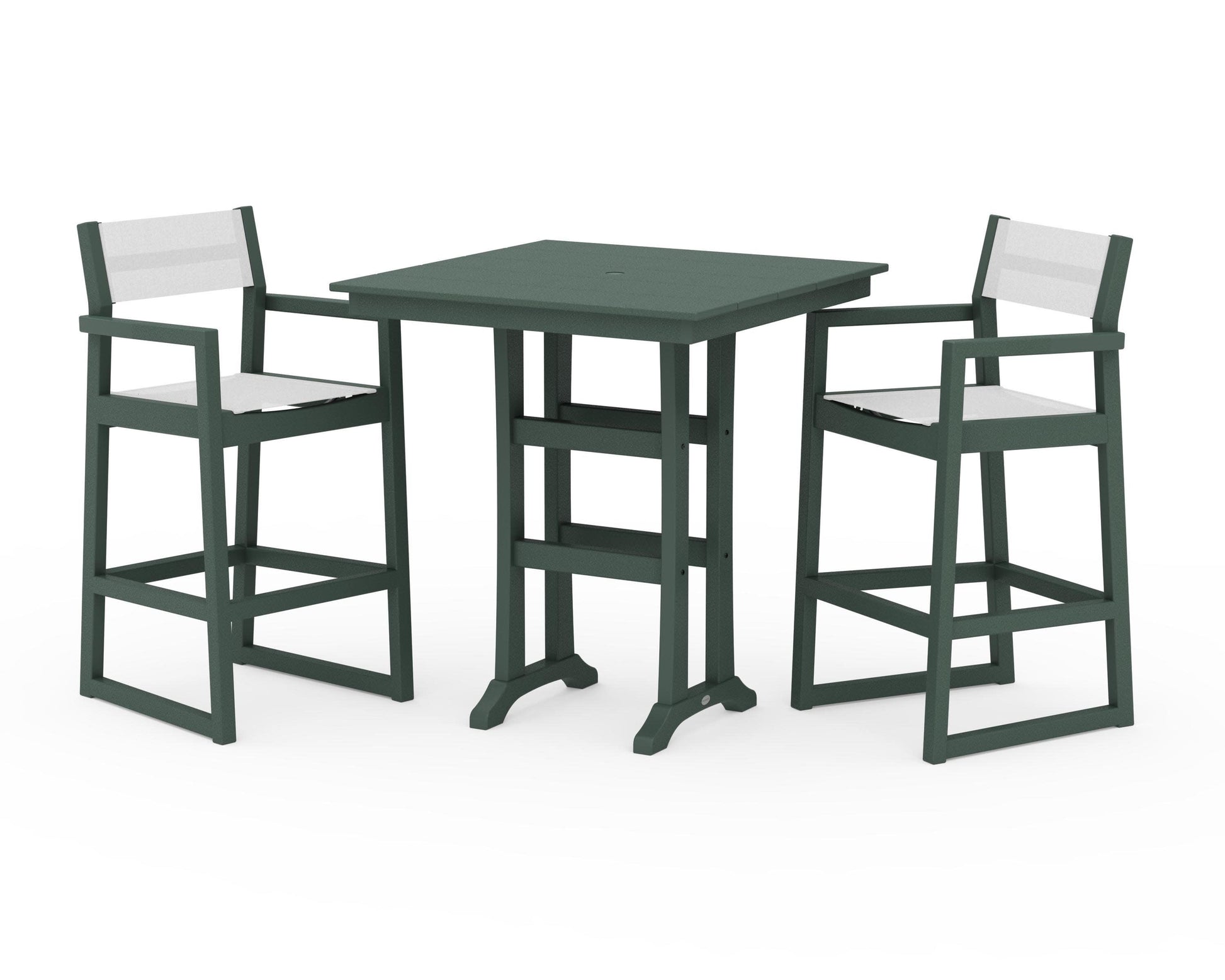 POLYWOOD EDGE Sling Arm Chair 3-Piece Farmhouse Bar Set with Trestle Legs — Green / White Sling