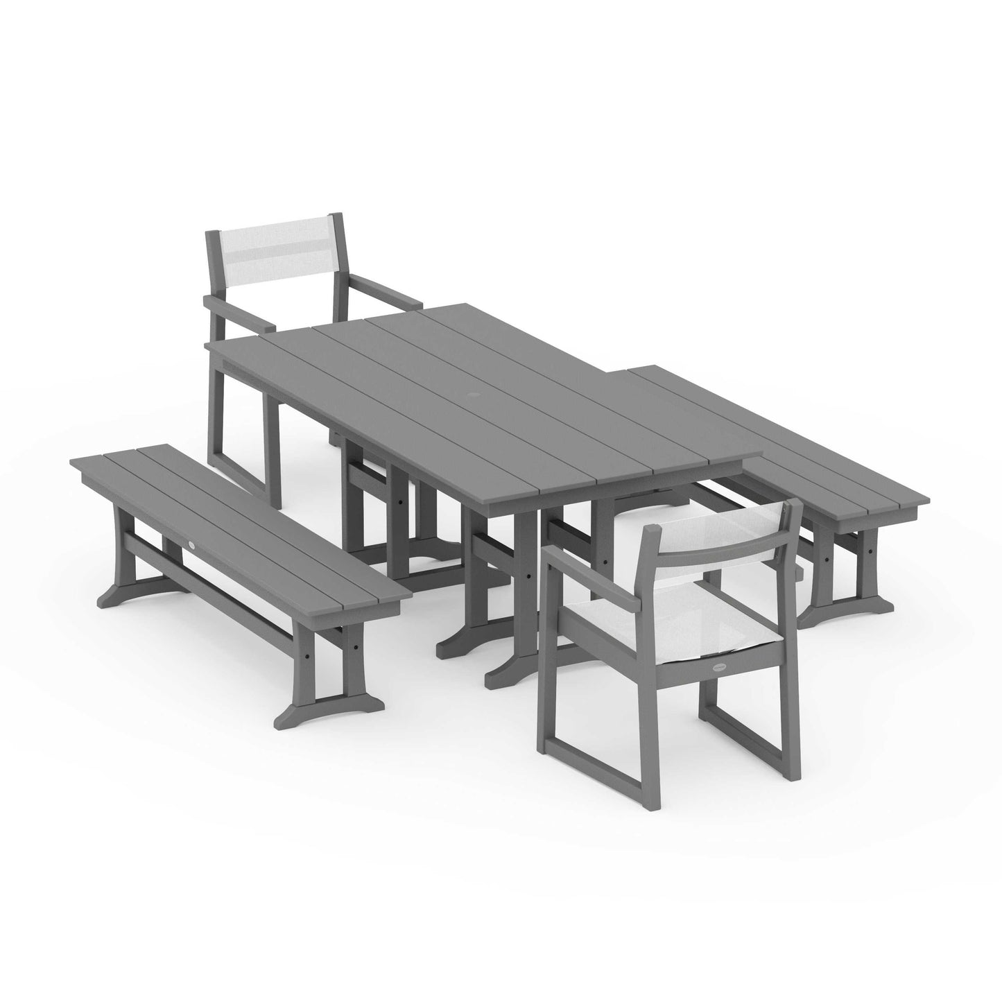 POLYWOOD EDGE Sling Arm Chair 5-Piece Farmhouse Dining Set with Benches — Slate Grey / White Sling
