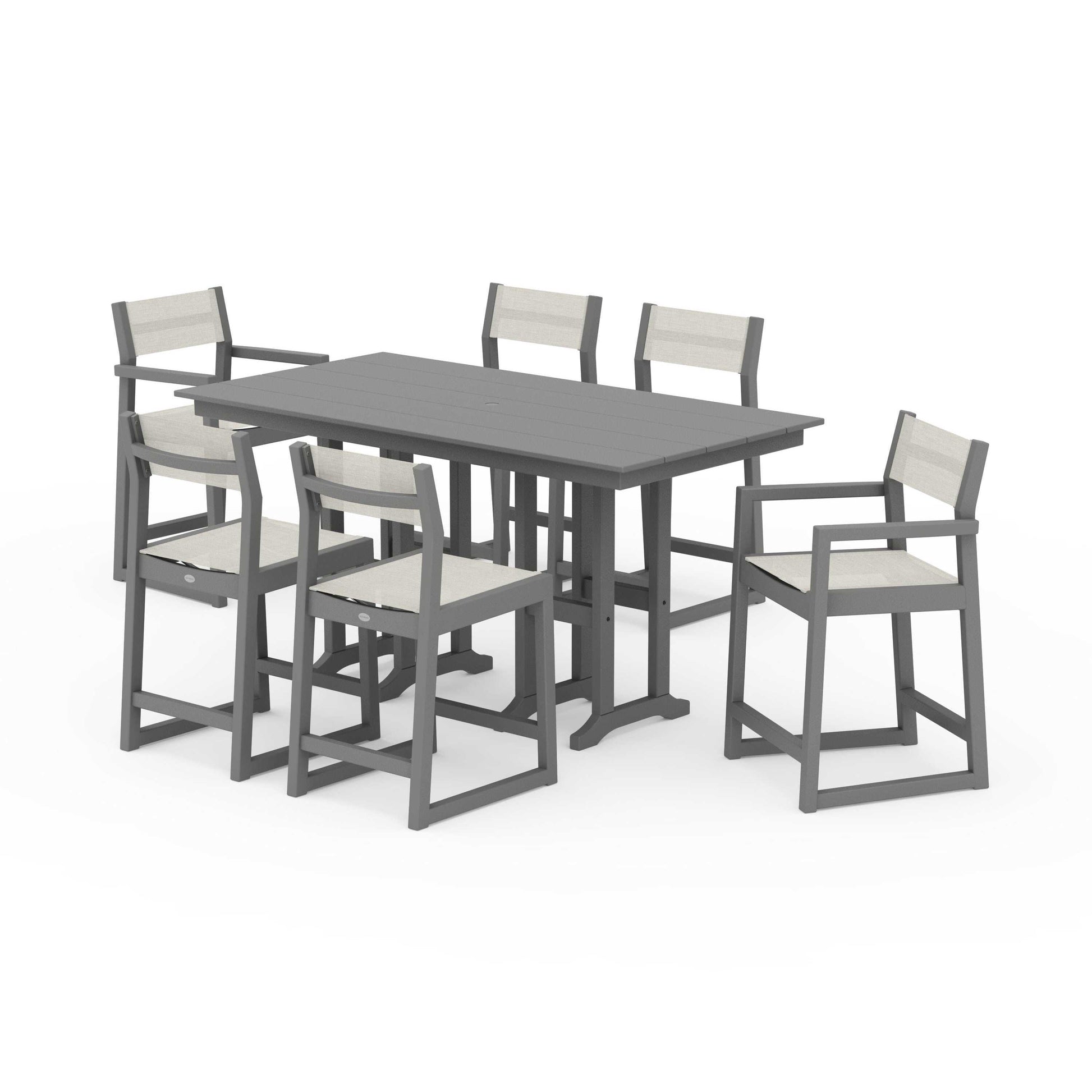POLYWOOD EDGE Sling 7-Piece Farmhouse Counter Set with Trestle Legs — Slate Grey / Parchment Sling