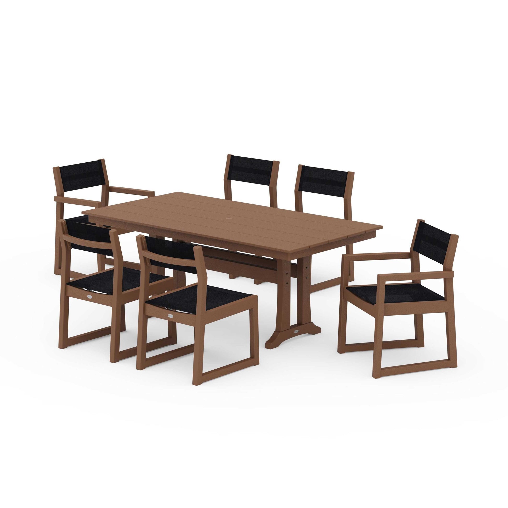 POLYWOOD EDGE Sling 7-Piece Farmhouse Trestle Dining Set — Teak / Black Sling