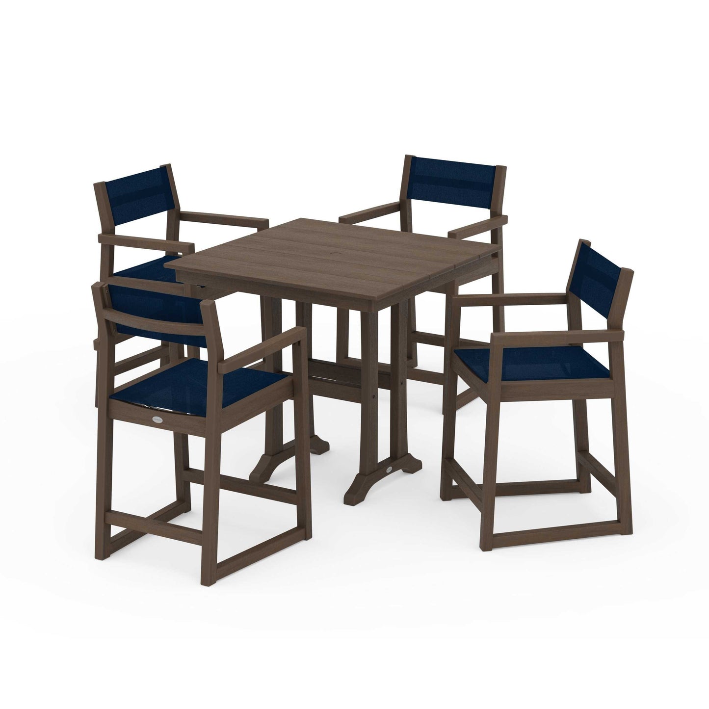 POLYWOOD EDGE Sling Arm Chair 5-Piece Farmhouse Counter Set with Trestle Legs — Kona / Navy Blue Sling