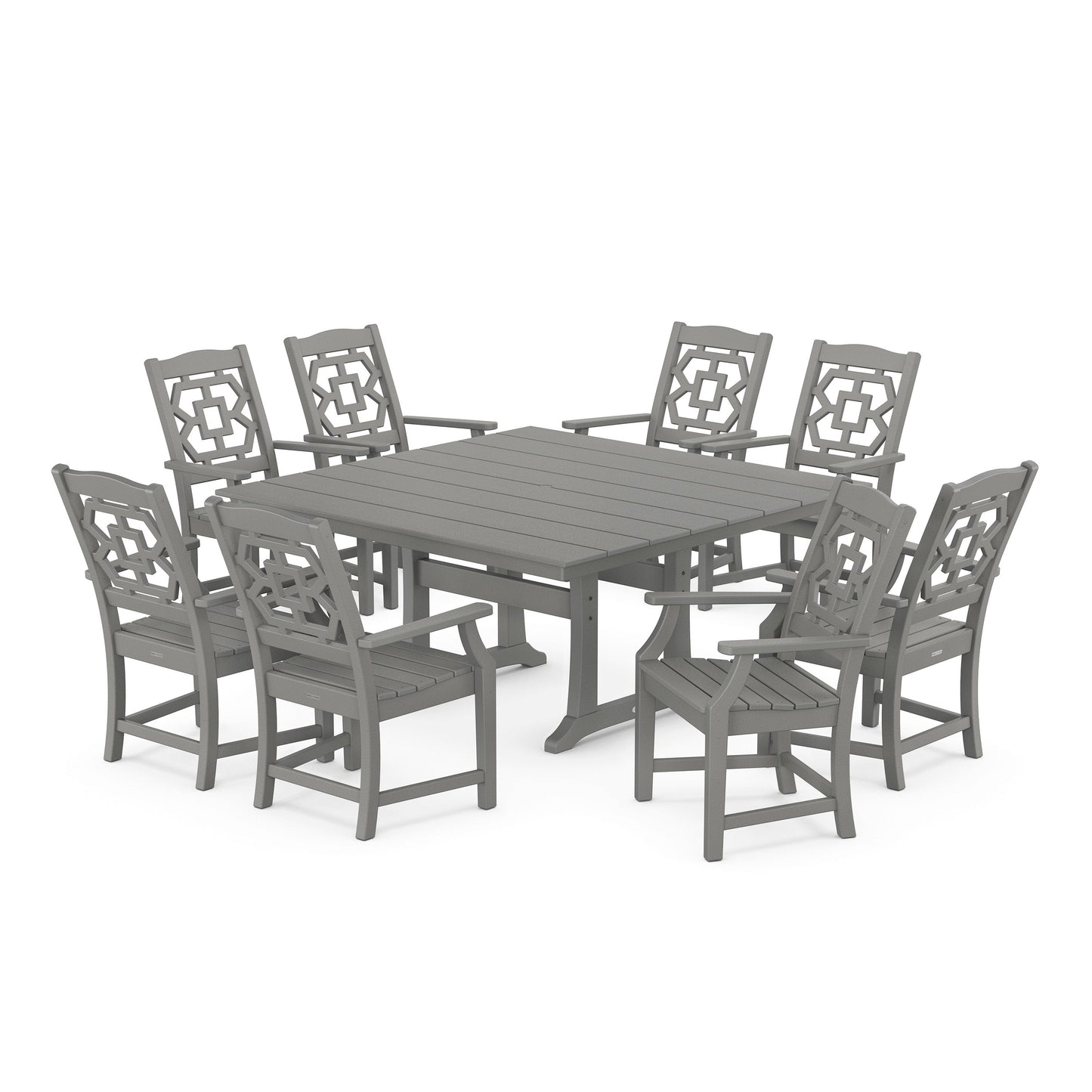 POLYWOOD Chinoiserie 9-Piece Square Farmhouse Dining Set with Trestle Legs — Slate Grey