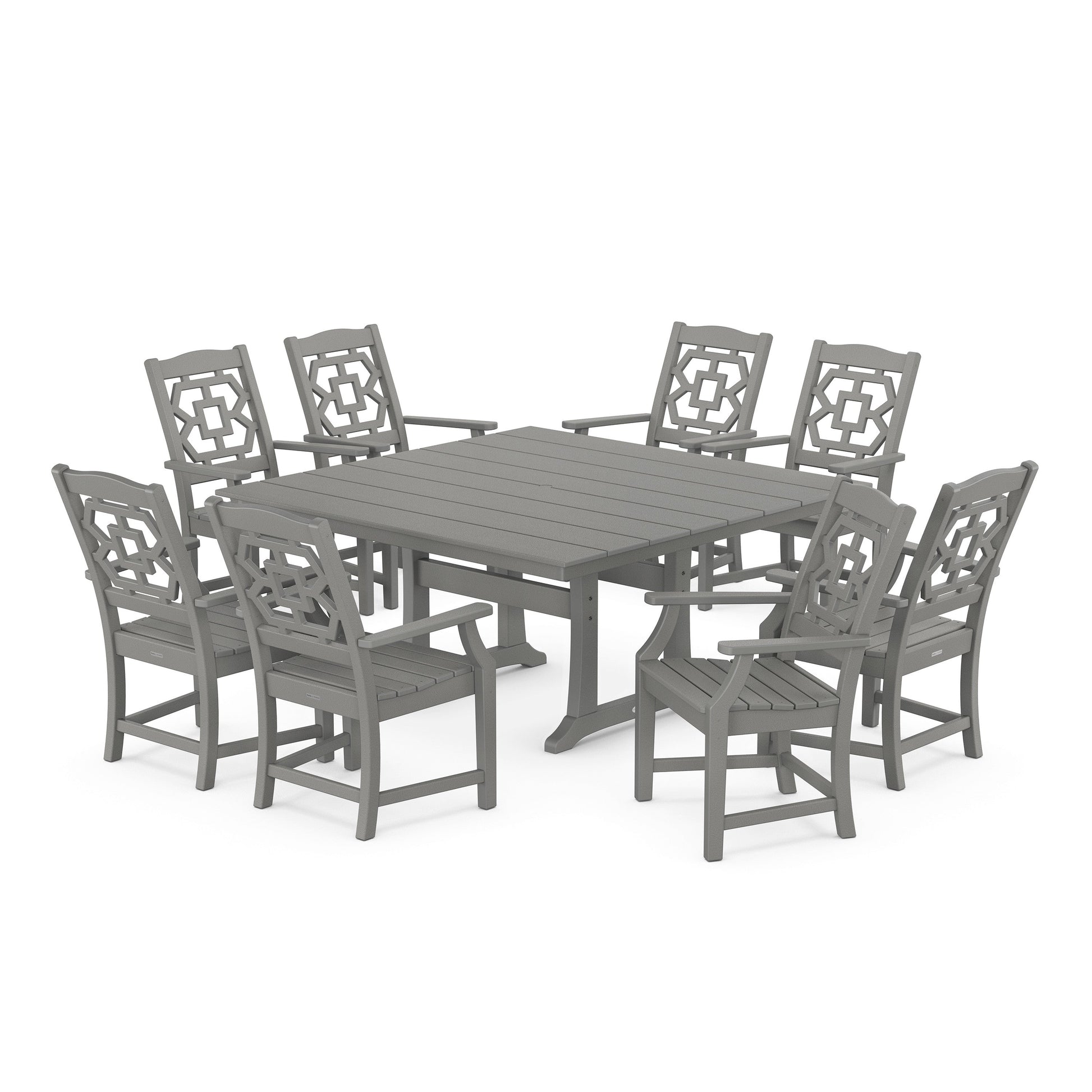 POLYWOOD Chinoiserie 9-Piece Square Farmhouse Dining Set with Trestle Legs — Slate Grey