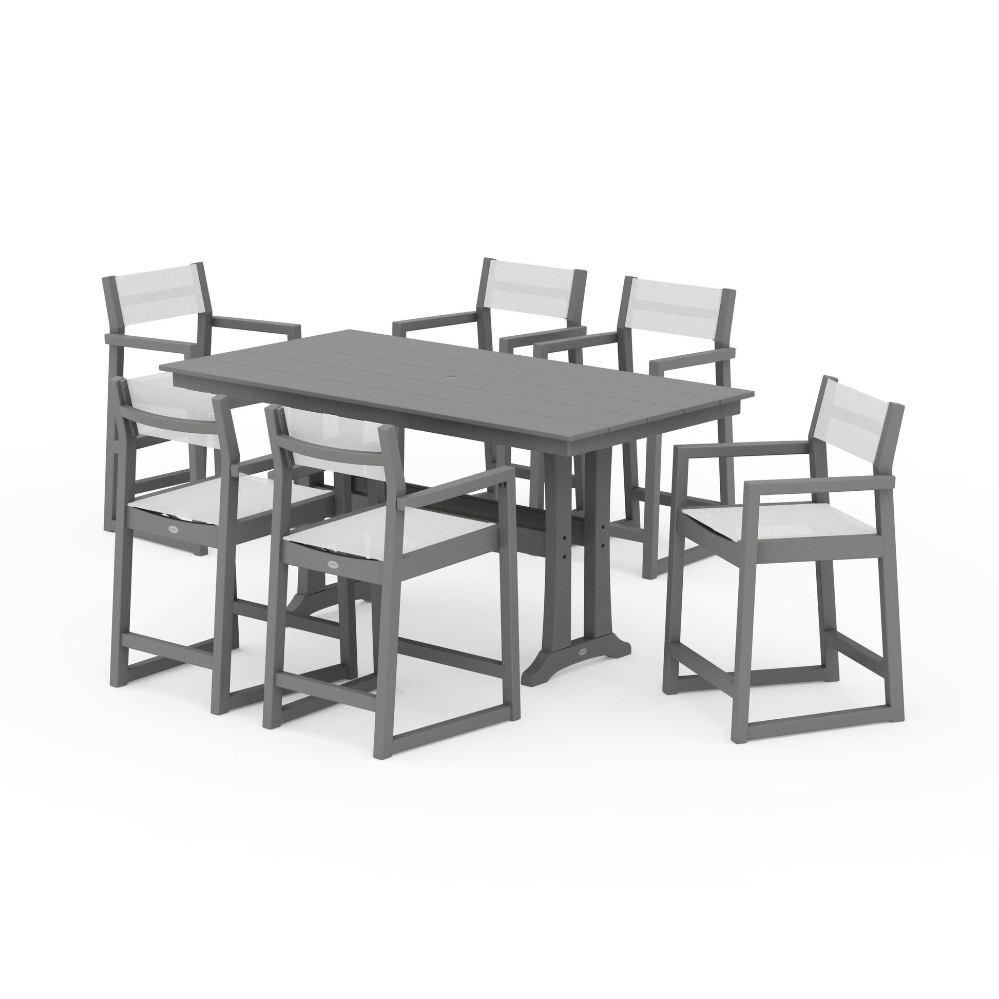 POLYWOOD EDGE Sling Arm Chair 7-Piece Farmhouse Counter Set with Trestle Legs — Slate Grey / White Sling