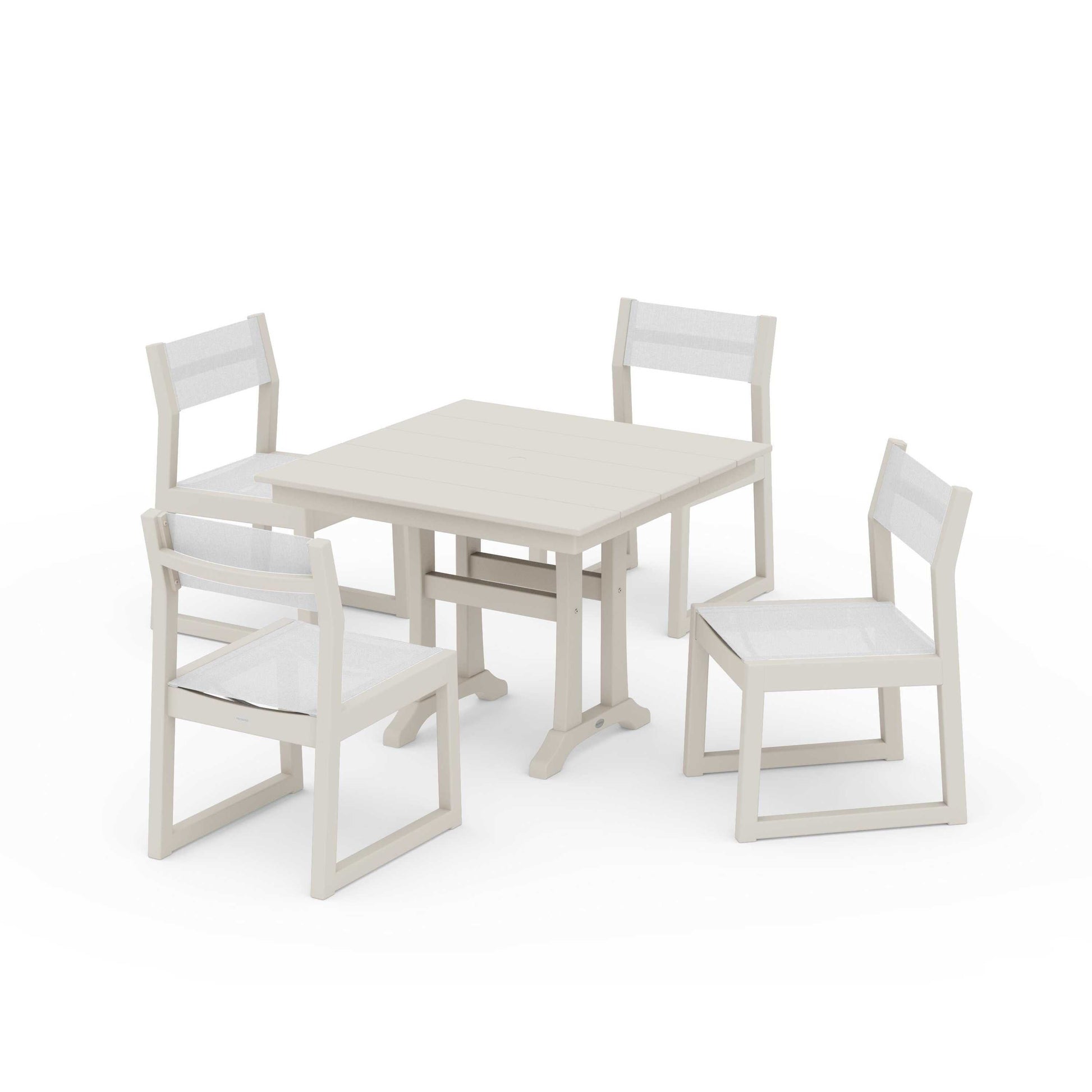 POLYWOOD EDGE Sling 5-Piece Farmhouse Trestle Side Chair Dining Set — Sand / White Sling
