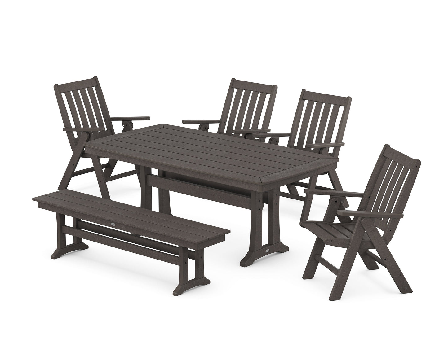 POLYWOOD Vineyard Folding Chair 6-Piece Dining Set with Trestle Legs and Bench — Vintage Coffee