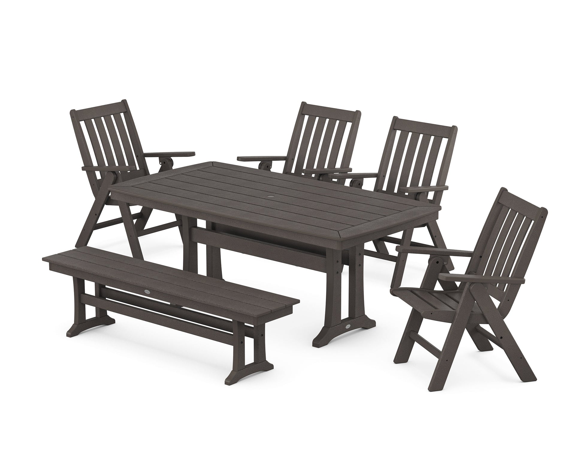 POLYWOOD Vineyard Folding Chair 6-Piece Dining Set with Trestle Legs and Bench — Vintage Coffee