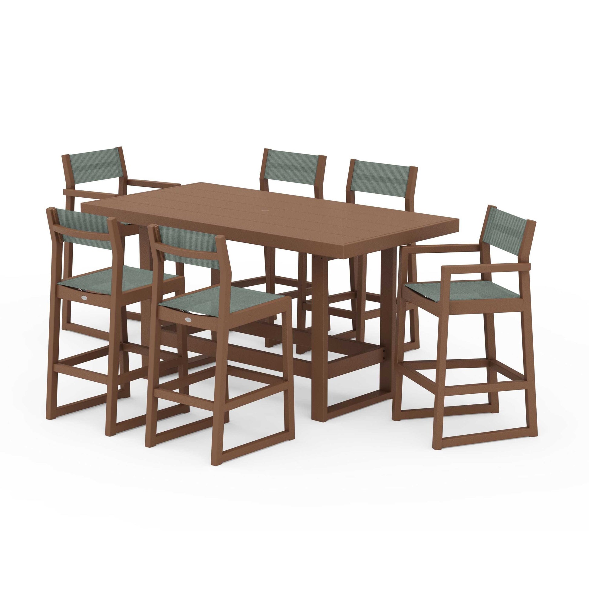 POLYWOOD EDGE Sling 7-Piece Bar Table Set — Teak / Dupioni Sea Mist Sling