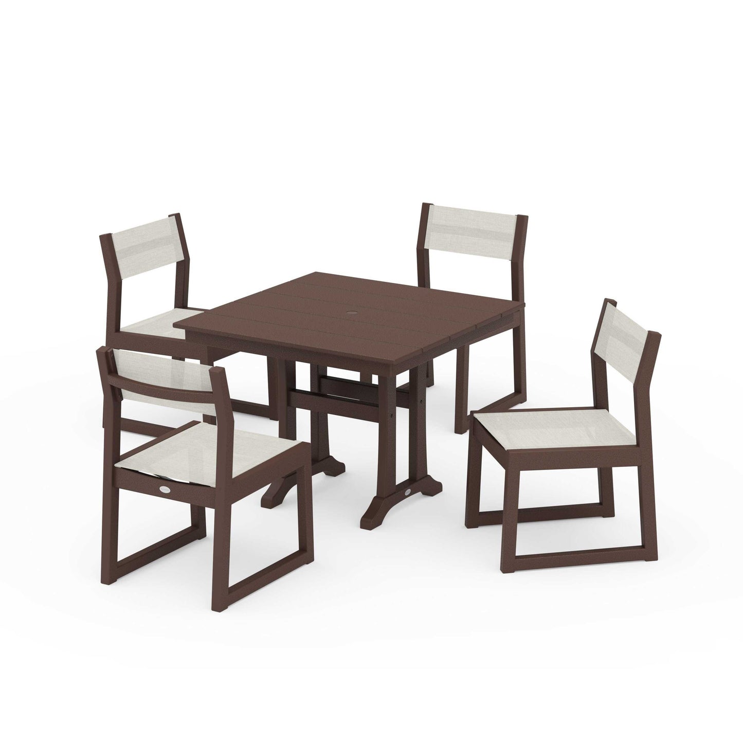 POLYWOOD EDGE Sling 5-Piece Farmhouse Trestle Side Chair Dining Set — Mahogany / Parchment Sling