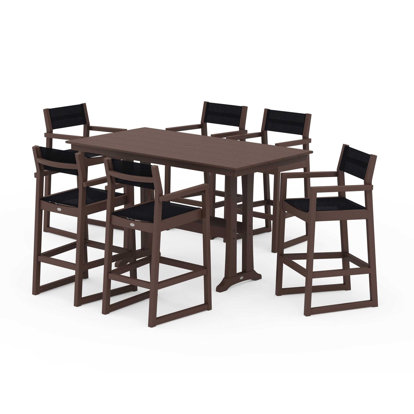 POLYWOOD EDGE Sling Arm Chair 7-Piece Farmhouse Bar Set with Trestle Legs — Mahogany / Black Sling