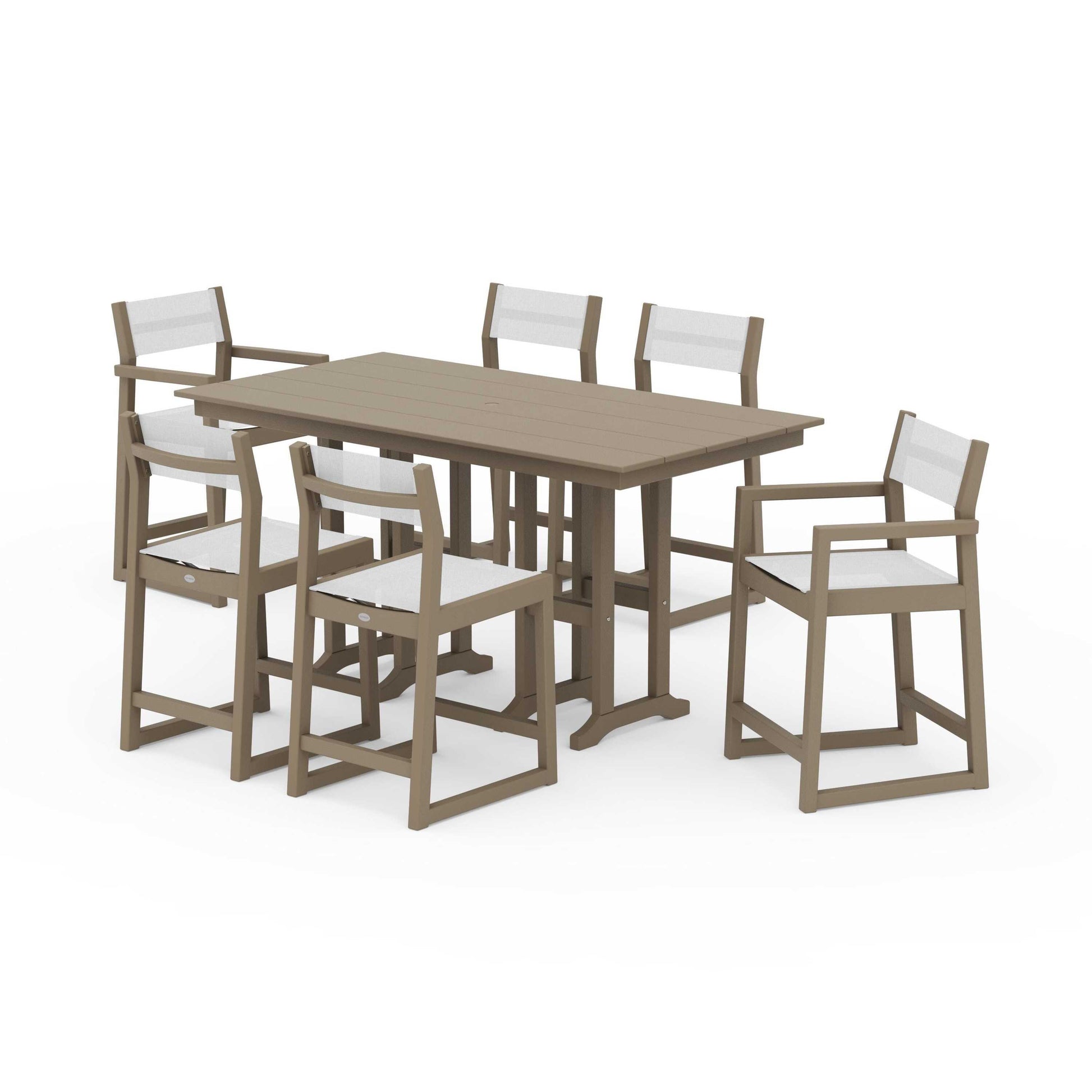 POLYWOOD EDGE Sling 7-Piece Farmhouse Counter Set with Trestle Legs — Vintage Sahara / White Sling