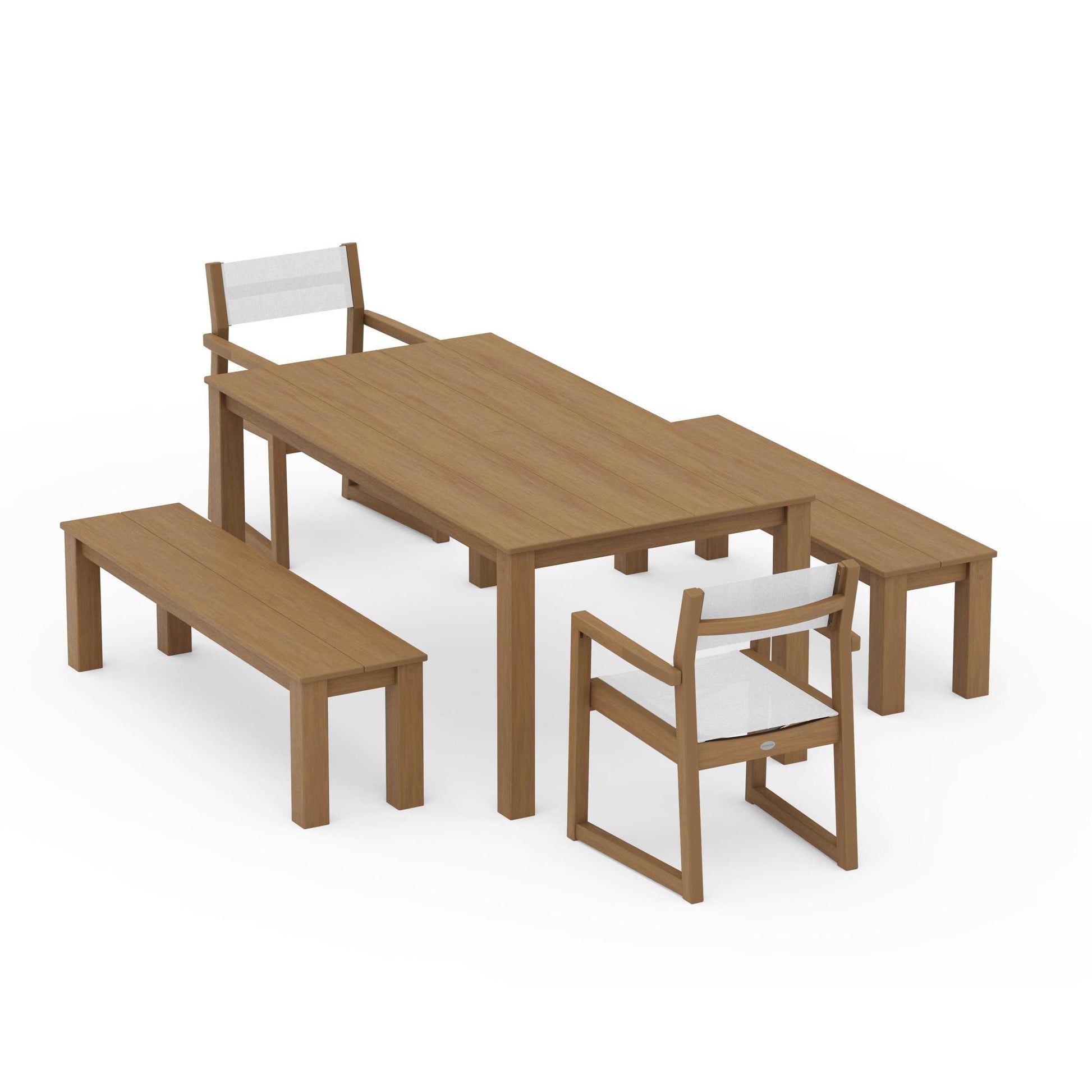 POLYWOOD EDGE Sling Arm Chair 5-Piece Parsons Dining Set with Benches — Natural / White Sling