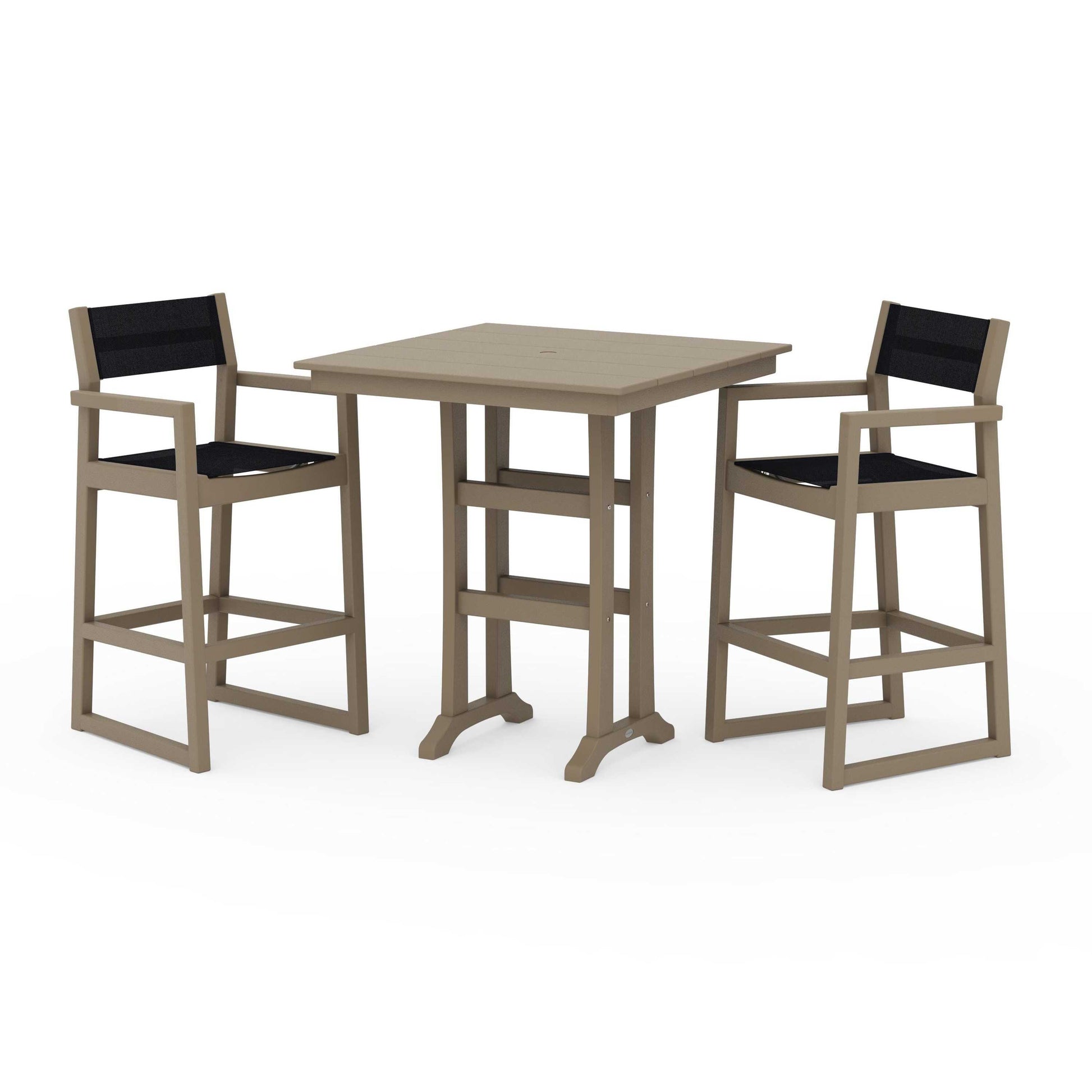POLYWOOD EDGE Sling Arm Chair 3-Piece Farmhouse Bar Set with Trestle Legs — Vintage Sahara / Black Sling