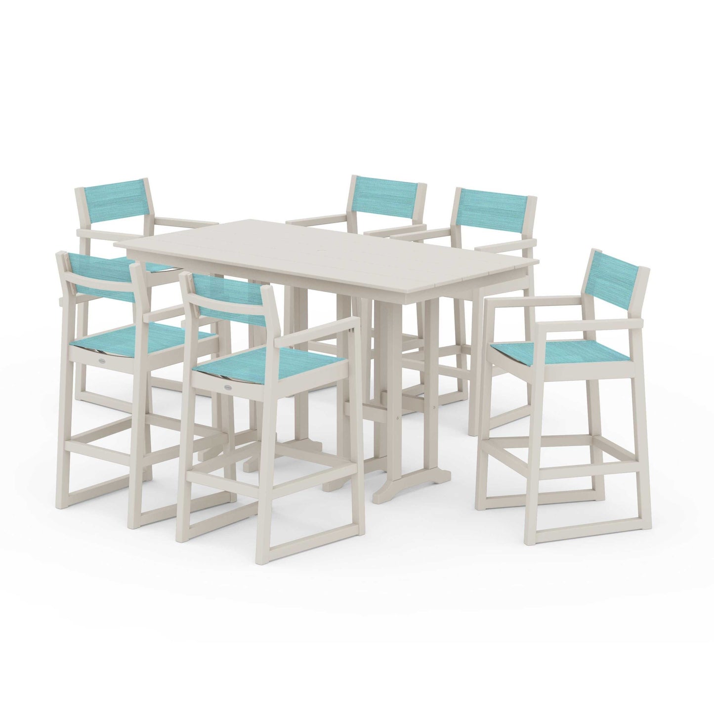 POLYWOOD EDGE Sling Arm Chair 7-Piece Farmhouse Bar Set — Sand / Dupioni Aquamarine Sling