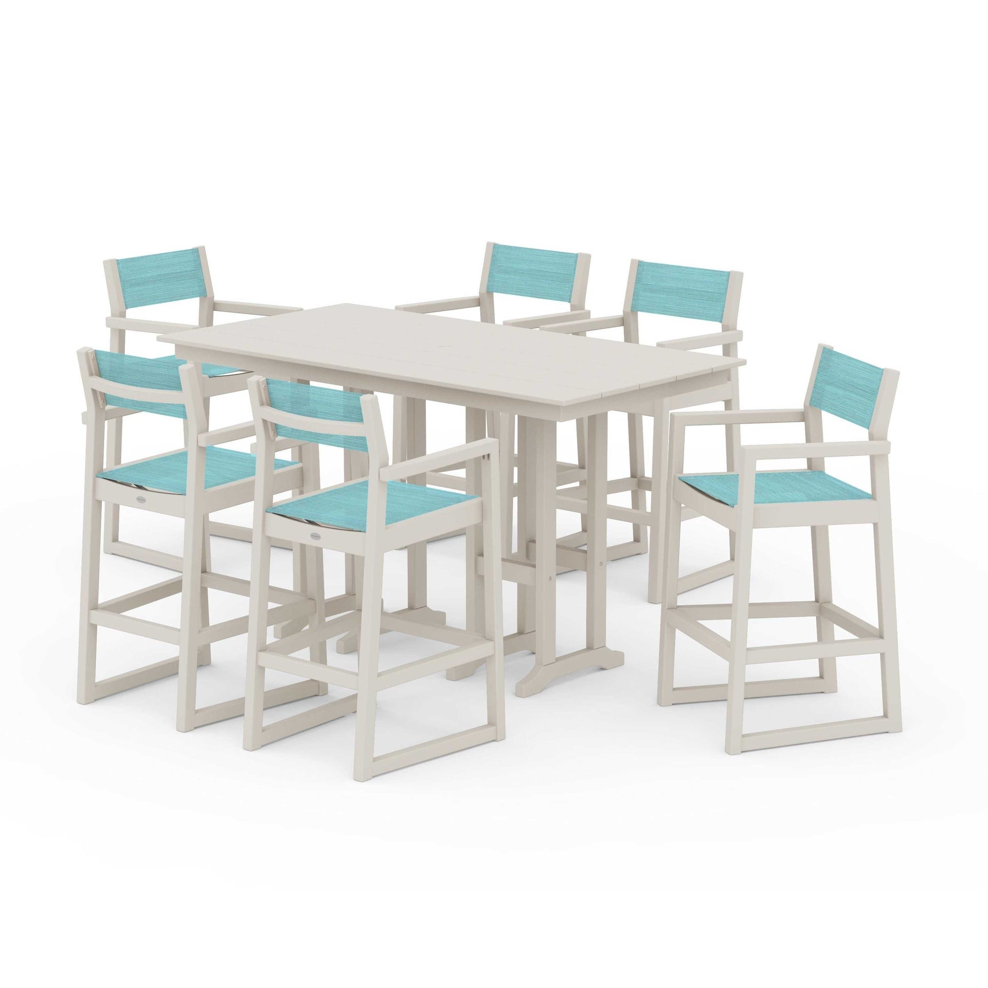 POLYWOOD EDGE Sling Arm Chair 7-Piece Farmhouse Bar Set — Sand / Dupioni Aquamarine Sling