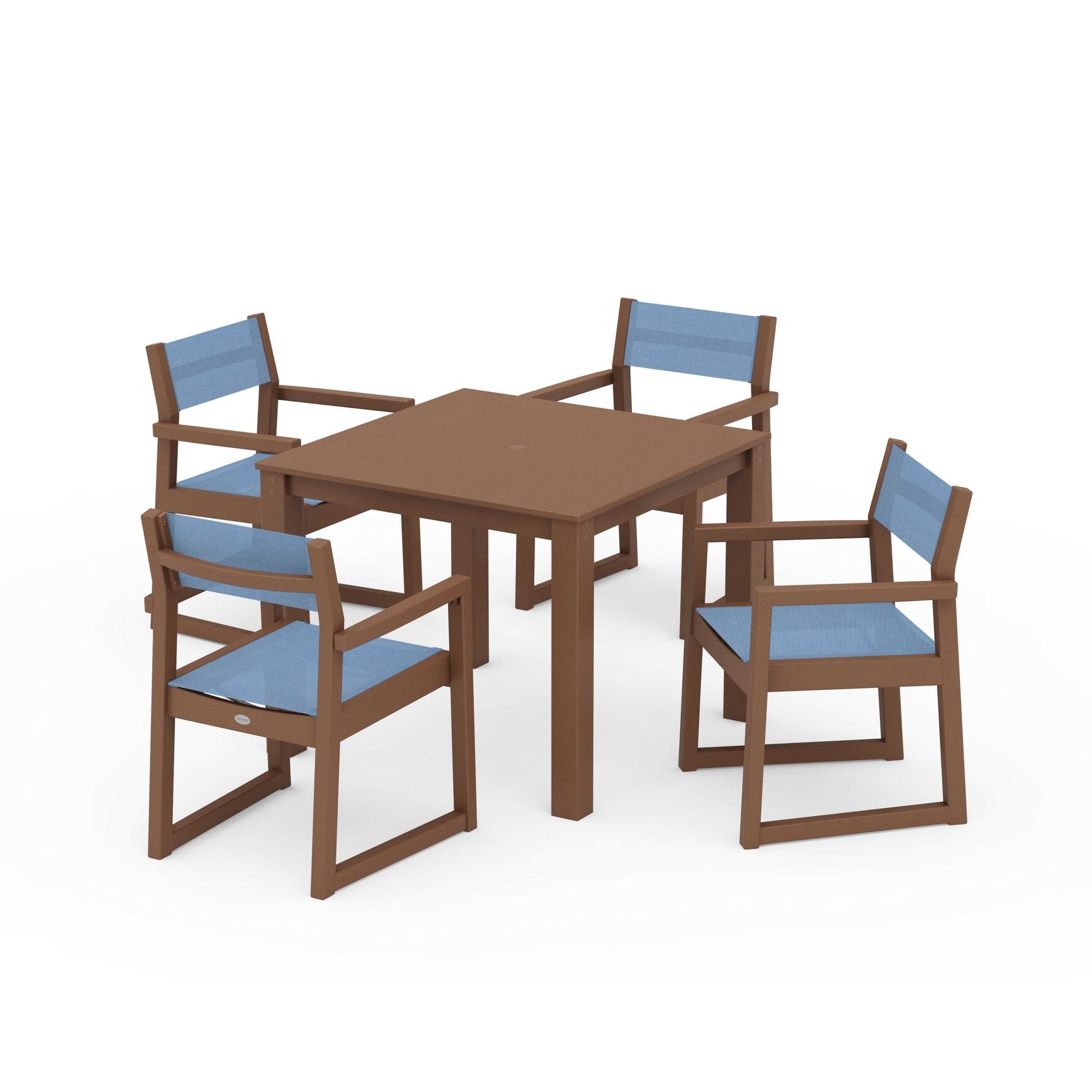POLYWOOD EDGE Sling Arm Chair 5-Piece Parsons Dining Set — Teak / Poolside Sling