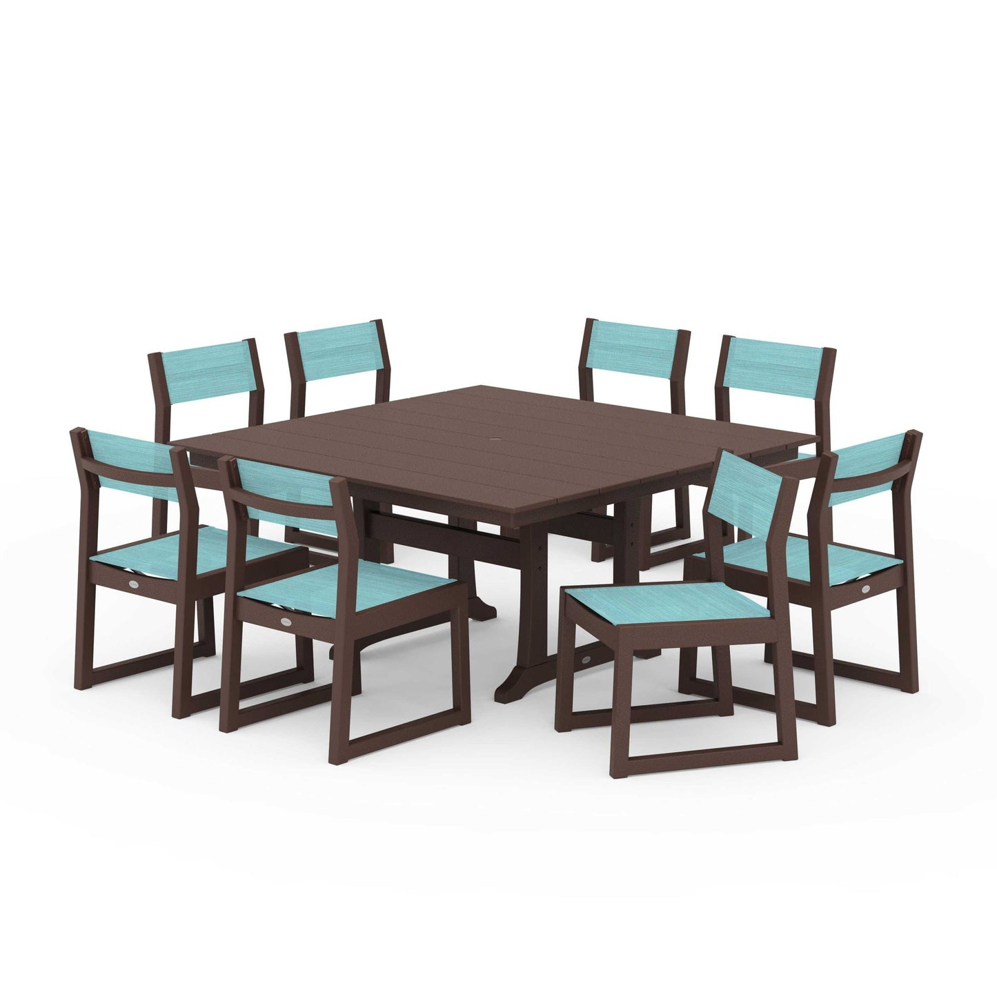 POLYWOOD EDGE Sling Side Chair 9-Piece Farmhouse Trestle Dining Set — Mahogany / Dupioni Aquamarine Sling