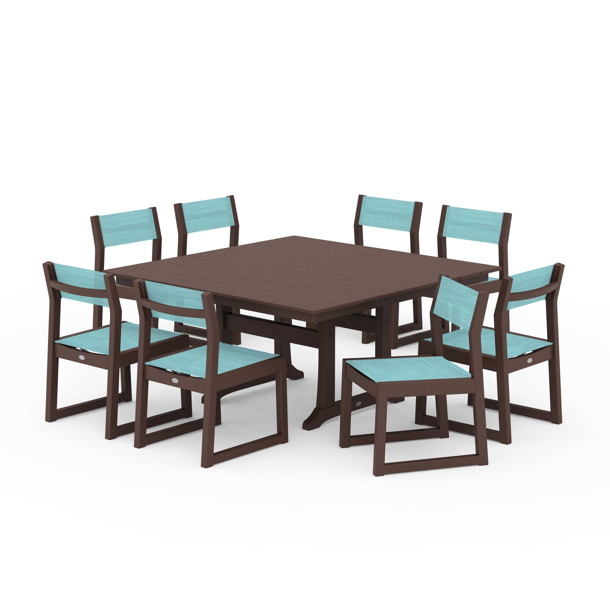 POLYWOOD EDGE Sling Side Chair 9-Piece Farmhouse Trestle Dining Set — Mahogany / Dupioni Aquamarine Sling
