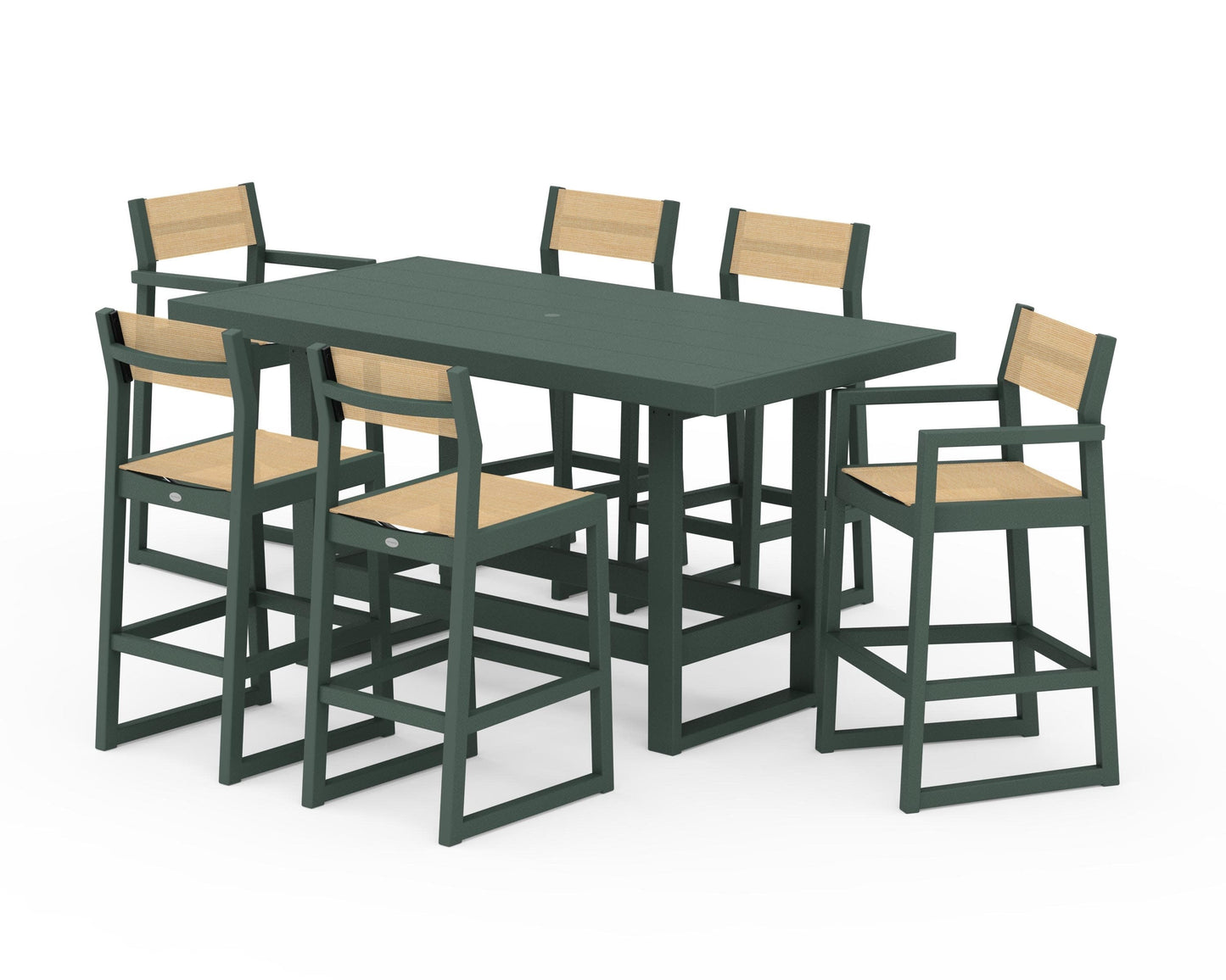POLYWOOD EDGE Sling 7-Piece Bar Table Set — Green / Dupioni Apricot Sling