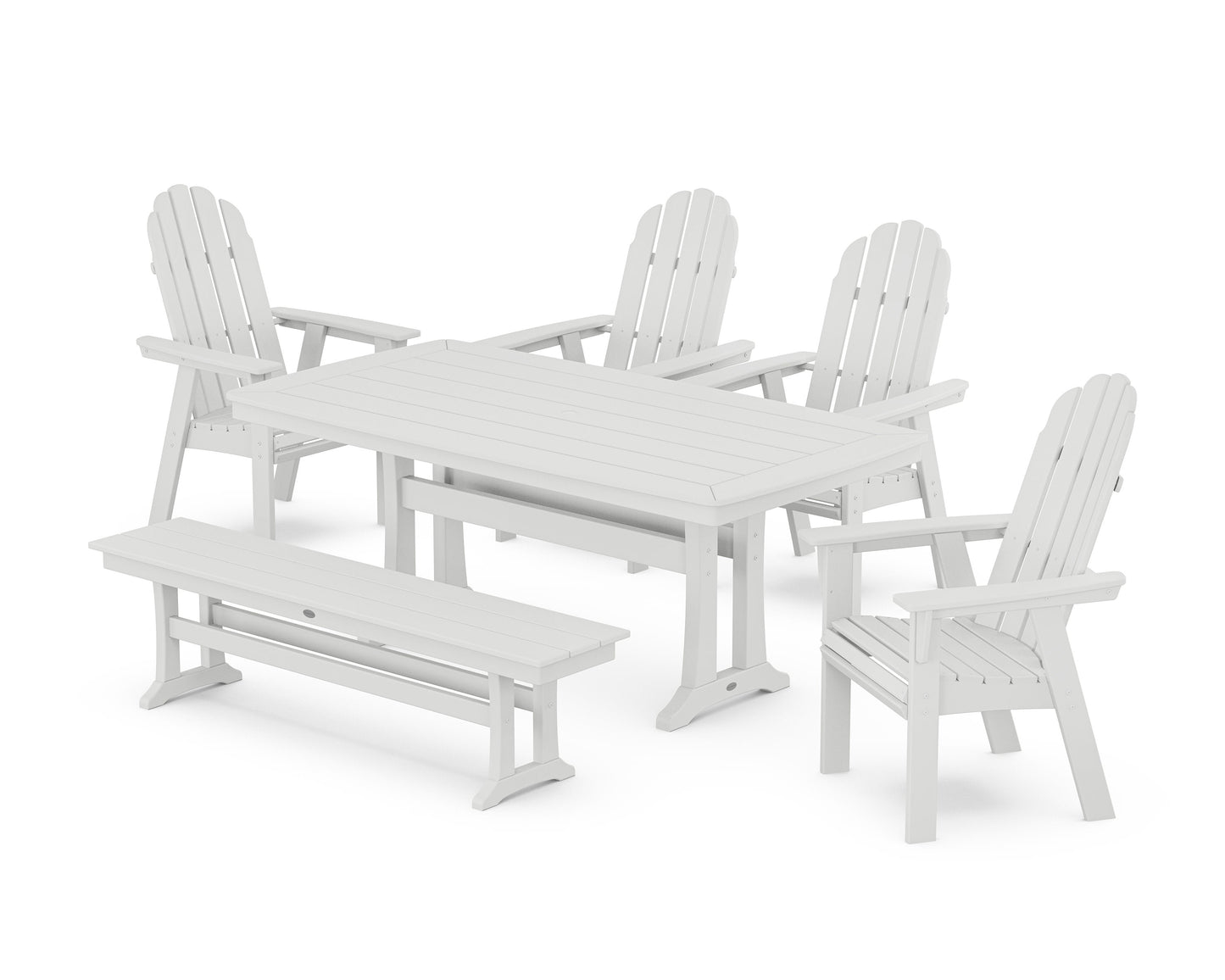 POLYWOOD Vineyard Curveback Adirondack Chair 6-Piece Dining Set with Trestle Legs and Bench — White