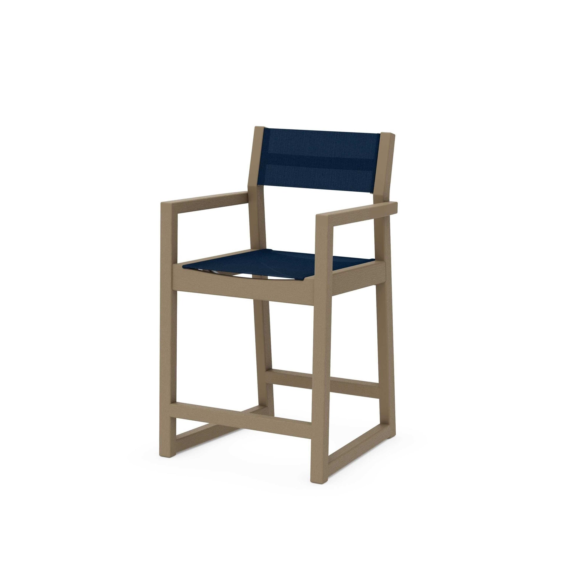 POLYWOOD EDGE Sling Counter Arm Chair — Vintage Sahara / Navy Blue Sling