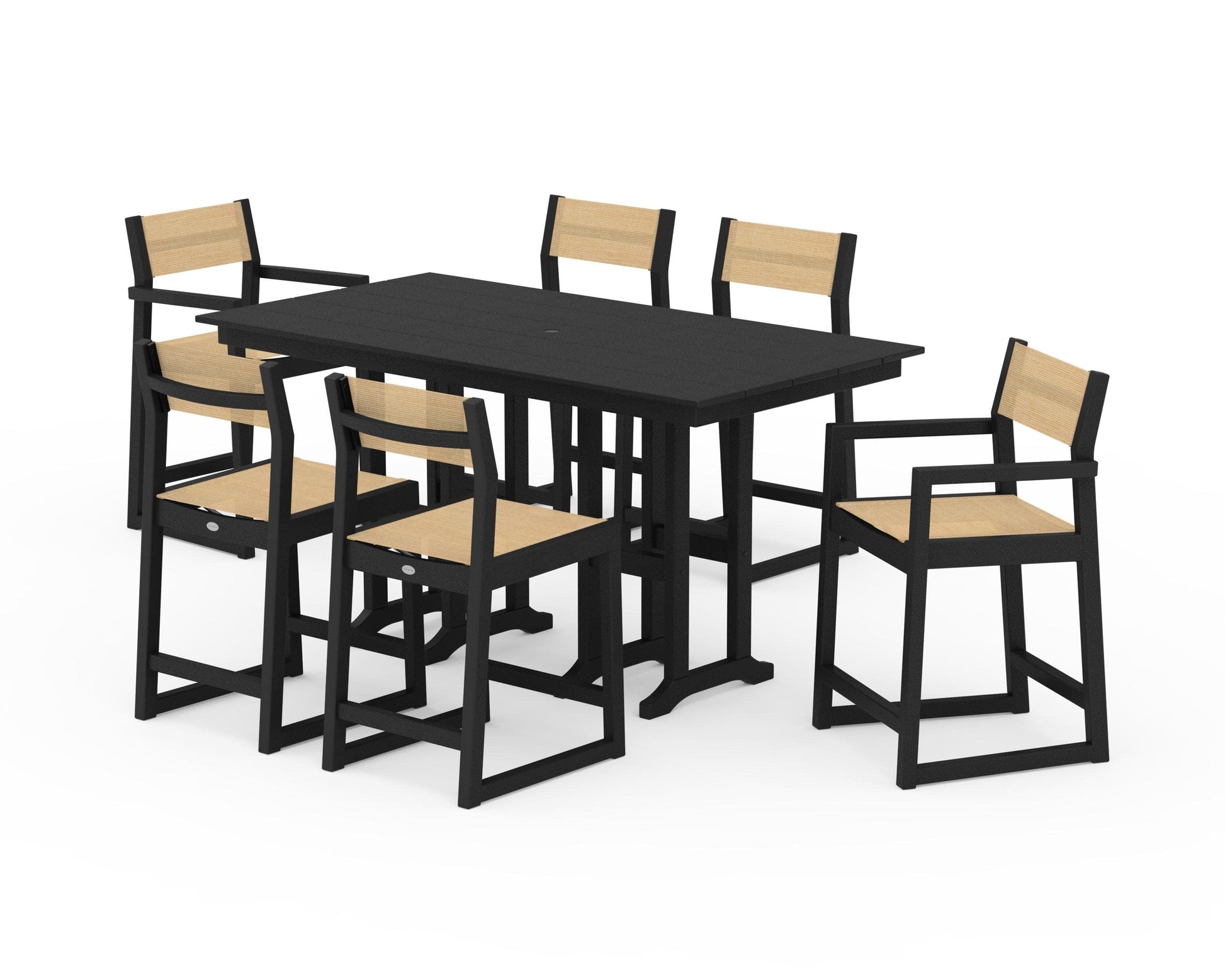 POLYWOOD EDGE Sling 7-Piece Farmhouse Counter Set with Trestle Legs — Black / Dupioni Apricot Sling