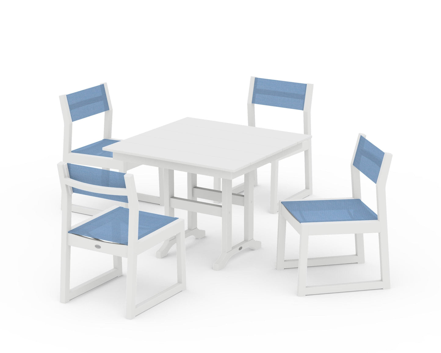 POLYWOOD EDGE Sling Side Chair 5-Piece Farmhouse Dining Set — White / Poolside Sling