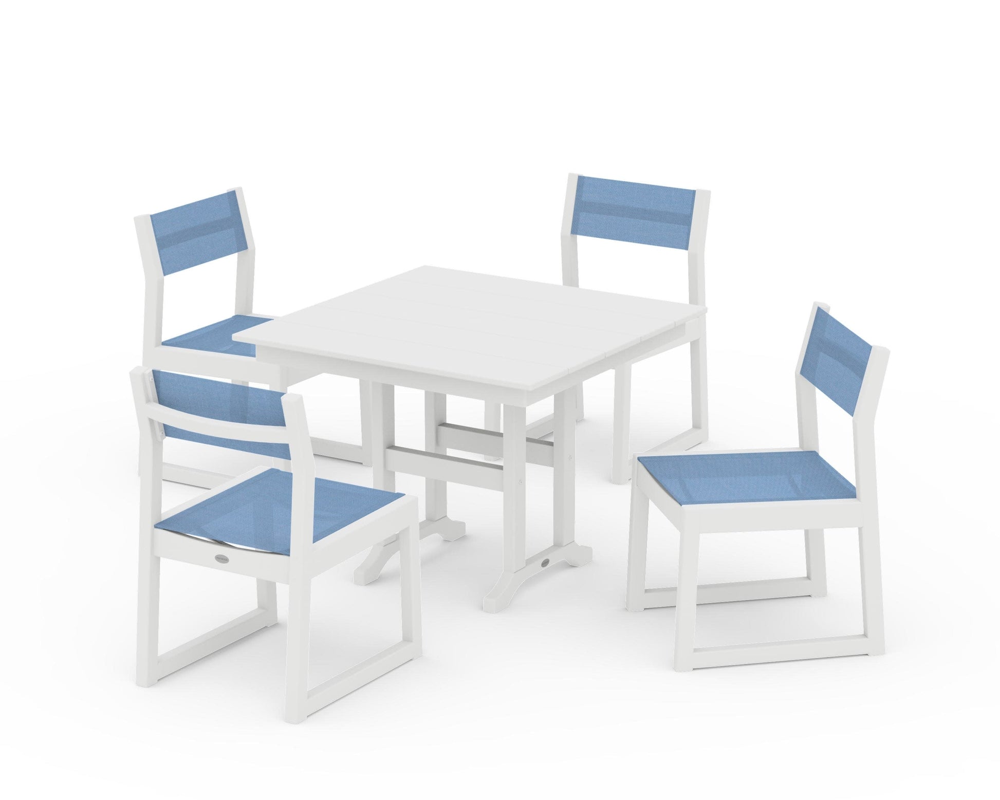 POLYWOOD EDGE Sling Side Chair 5-Piece Farmhouse Dining Set — White / Poolside Sling