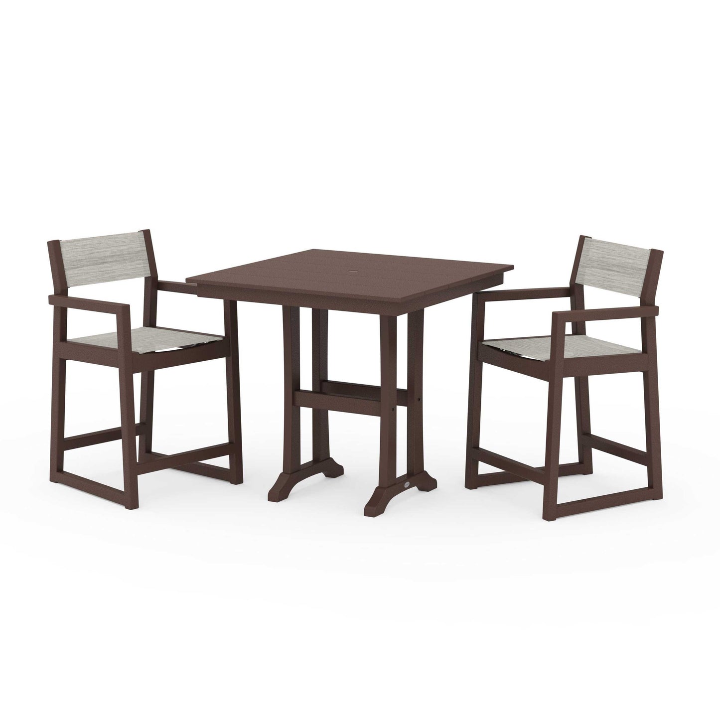 POLYWOOD EDGE Sling Arm Chair 3-Piece Farmhouse Counter Set with Trestle Legs — Mahogany / Birch Sling